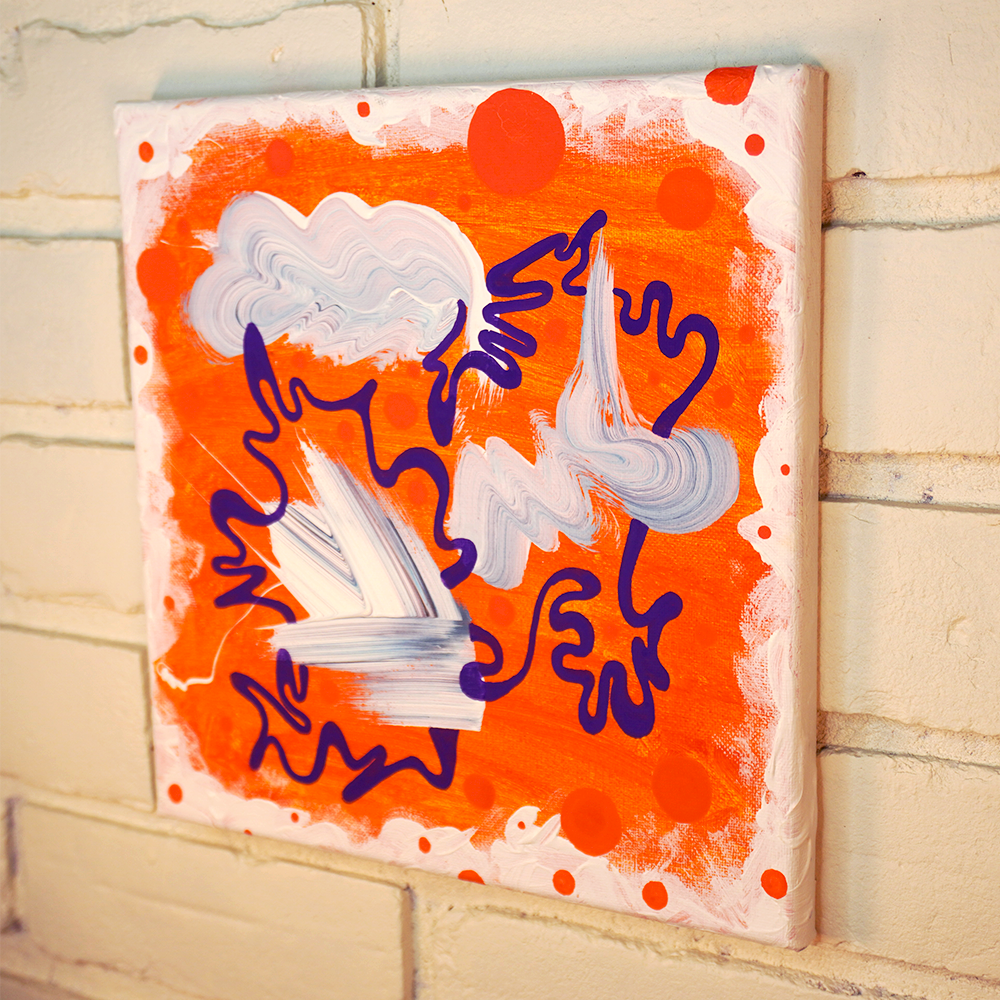 Abstract painting with orange background, white shapes, and blue wavy lines on a tiled wall.