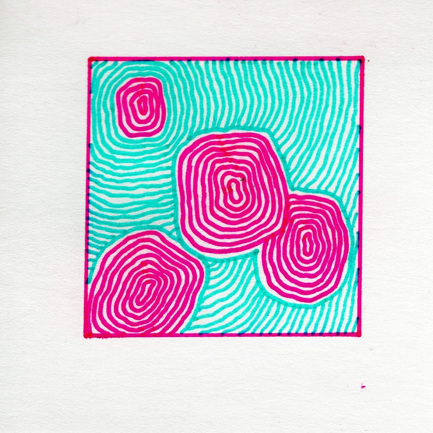 A hot pink square with 4 interconnected hot pink layered rings atop a teal blue ring background. 176/365 of the 000/365 collection by charming cavatica