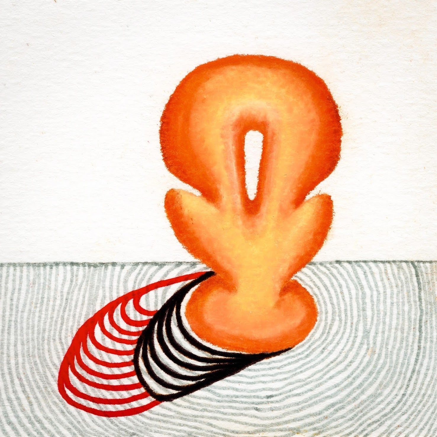 An orange coloured blob sat upon a table with a circular ringed design. Black and red shadow-like interconnected semi-circle shapes stick our from the base of the orange blob onto the table-like ground. 178/365 of the 000/365 collection by charming cavatica