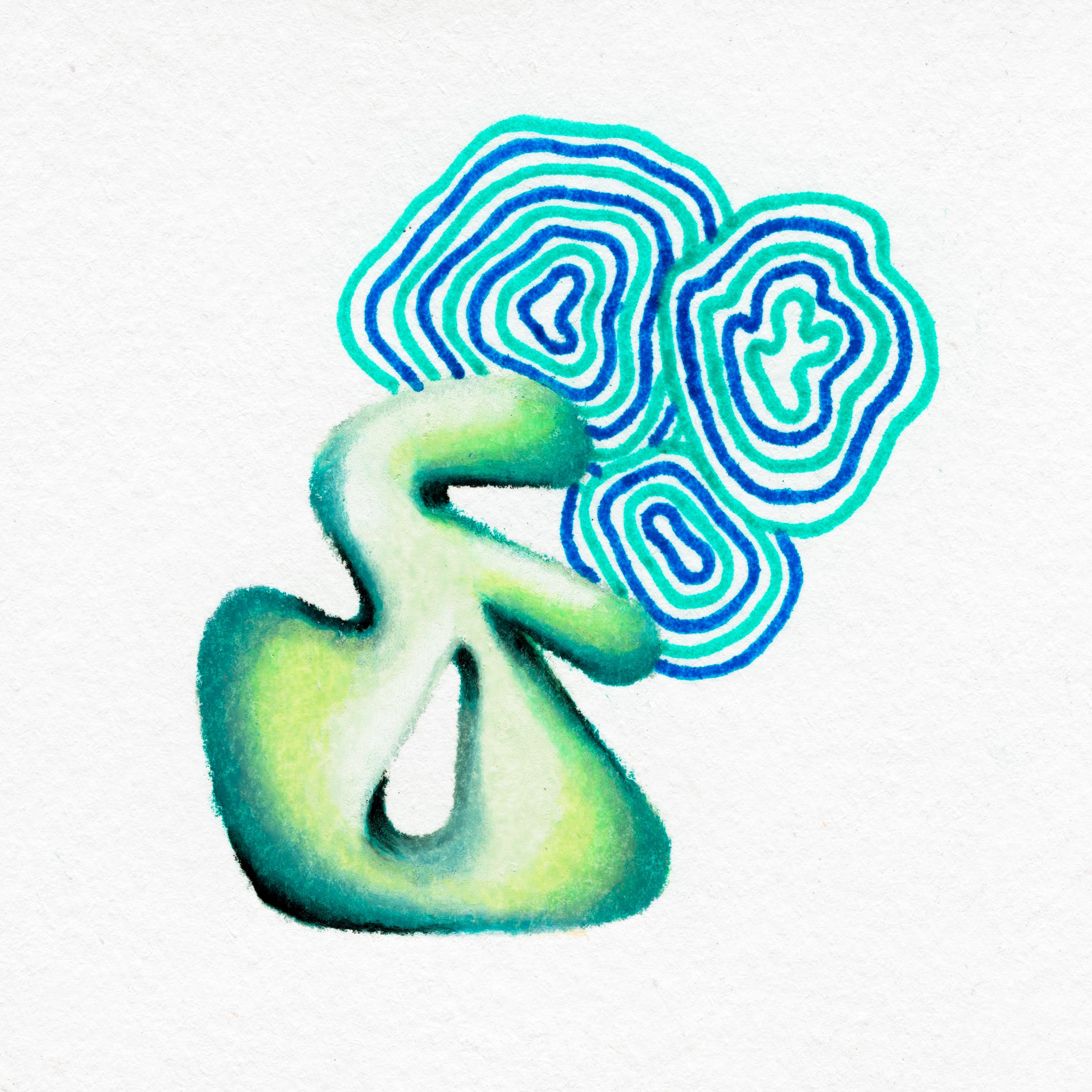 A Moss green coloured blob, appearing as if attempting to eat three floating massed of circular rings in interchanging teal and dark blue circles. 179/365 of the 000/365 collection by charming cavatica