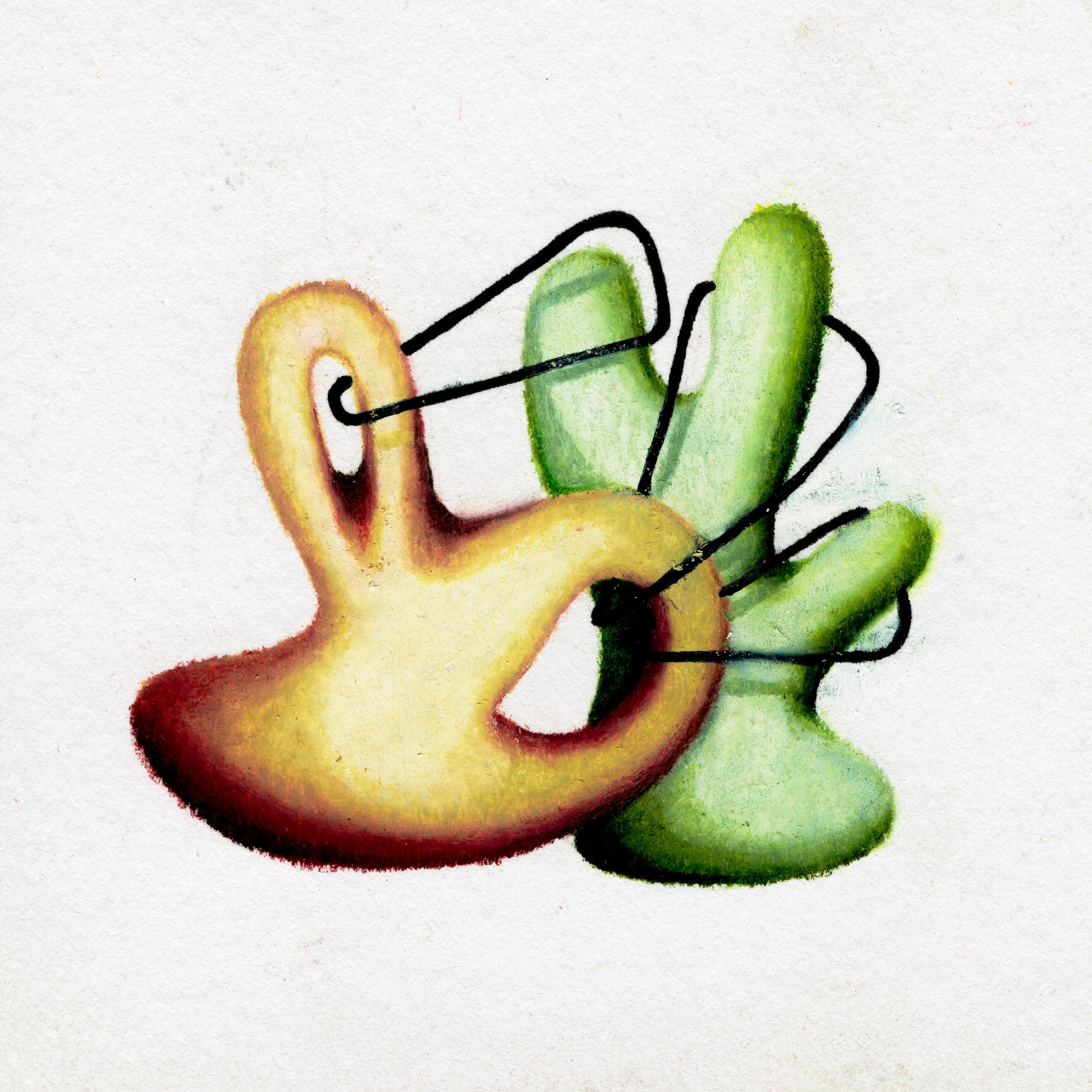 Two coloured blobs, one in mustard yellow and the other in moss green. Connected together with triangular black hoops, linking the blobs together. 181/365 of the 000/365 collection by charming cavatica