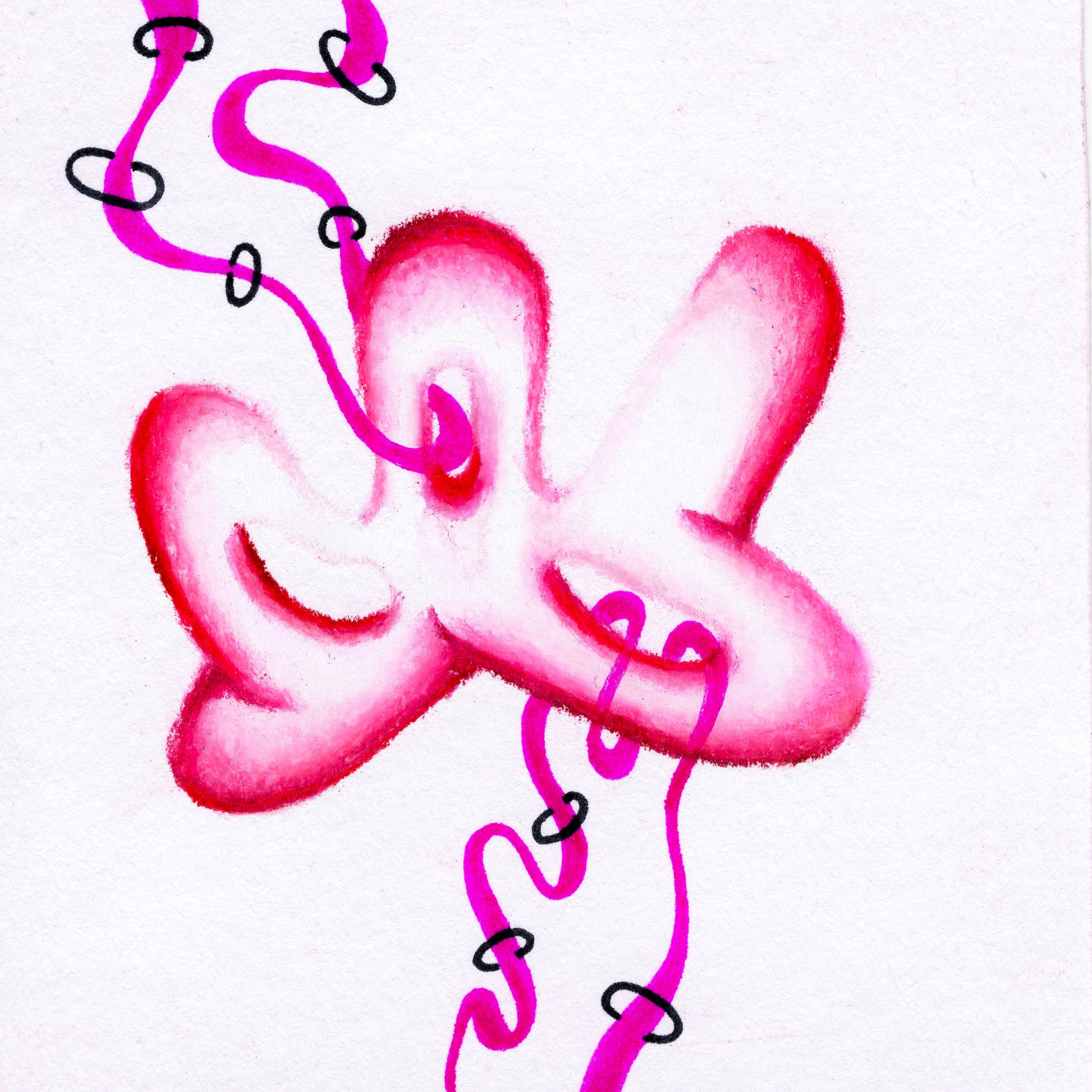 A hot pink coloured somewhat X-shaped blob with wiggling lines of hot pink weaving through holes within the blob. Black rings hoop around the wiggling lines. 184/365 of the 000/365 collection by charming cavatica