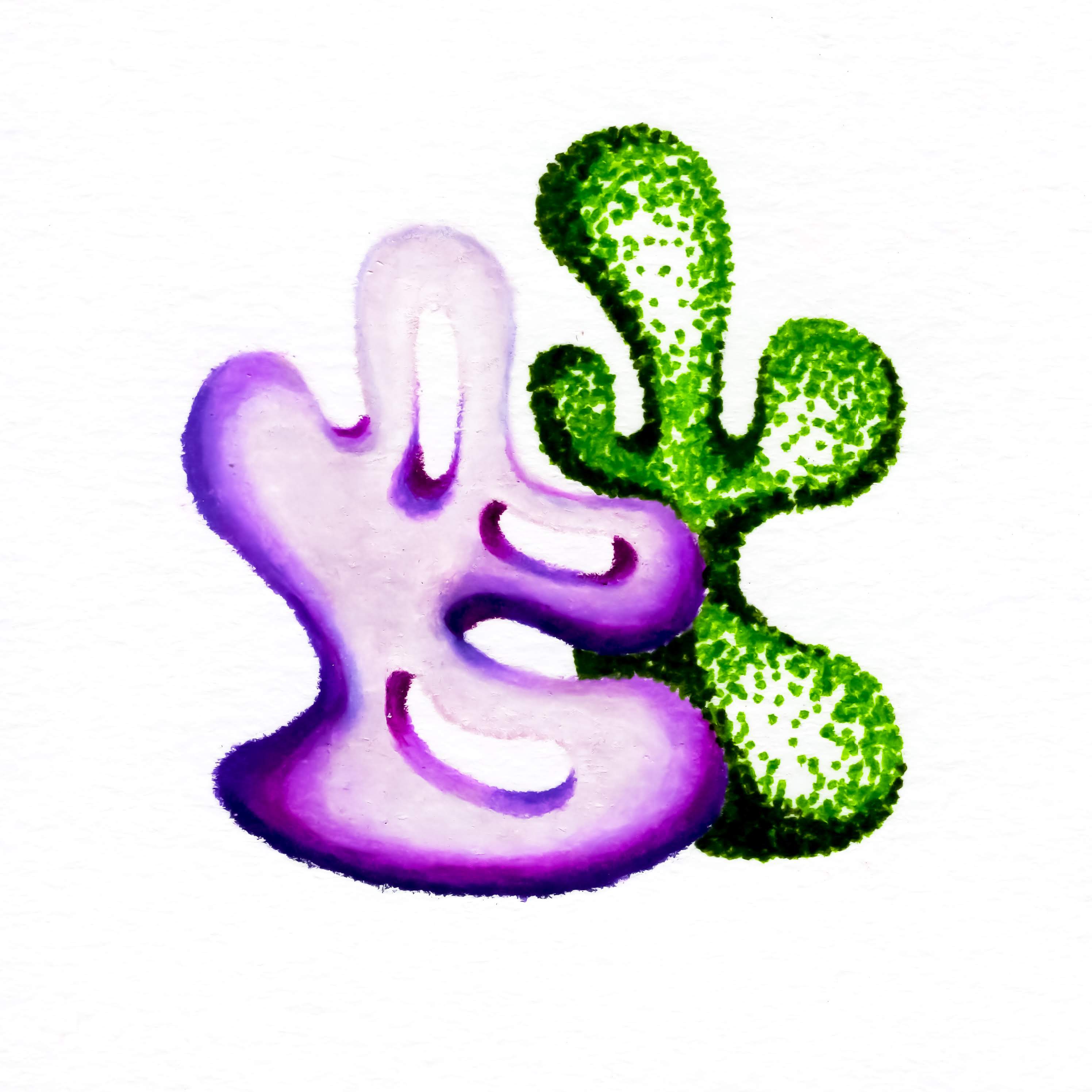 Two coloured blobs, one in purple with solid colour application and one in green with stippled colour application, as if growing moss atop the surface. 185/365 of the 000/365 collection by charming cavatica