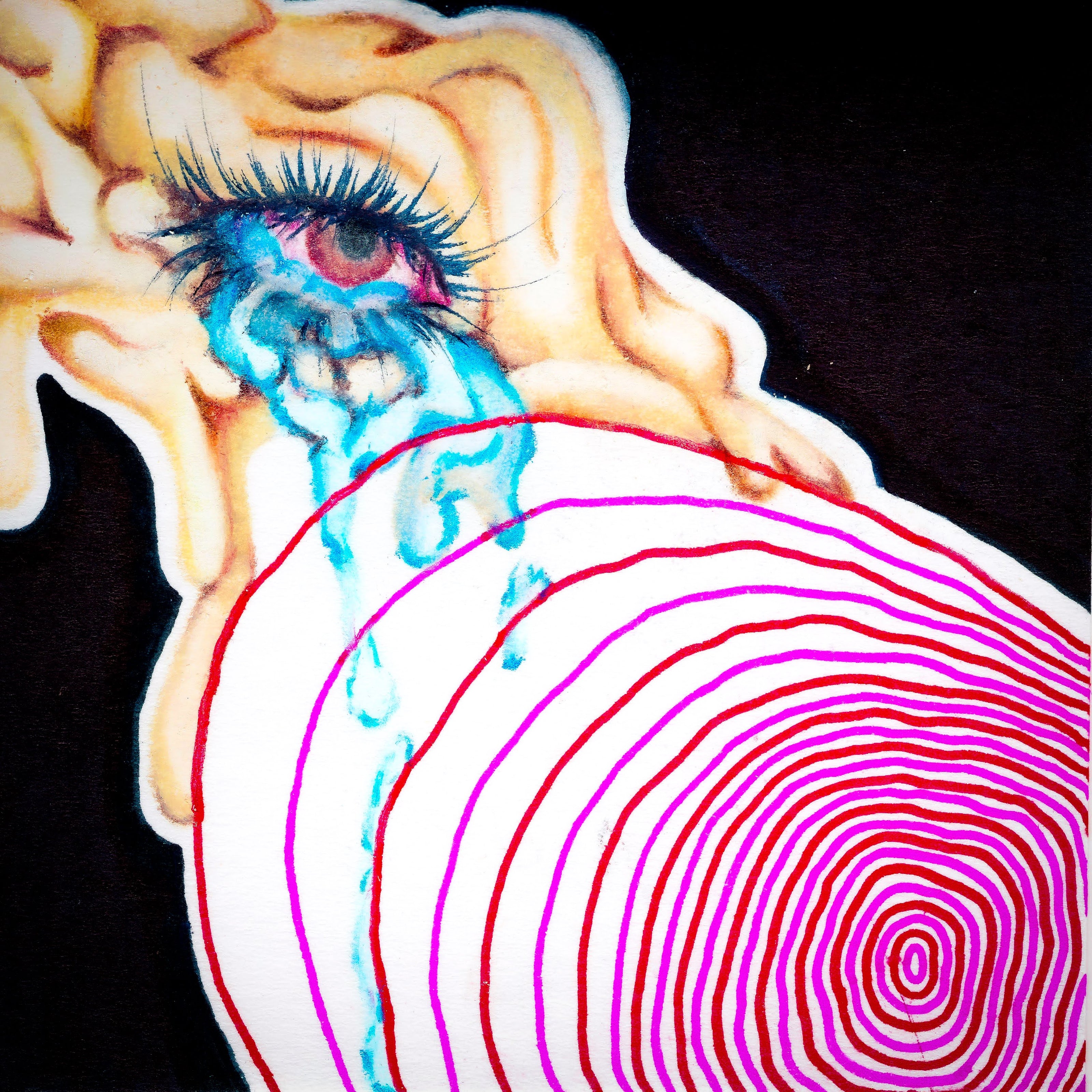A blob-like reddened eyeball with dripping light beige "skin"crying atop and spilling over a circular ring pattern. with each new ring, the lines slowly become more dispursed. a black background hugs around the form. 186/365 of the 000/365 collection by charming cavatica
