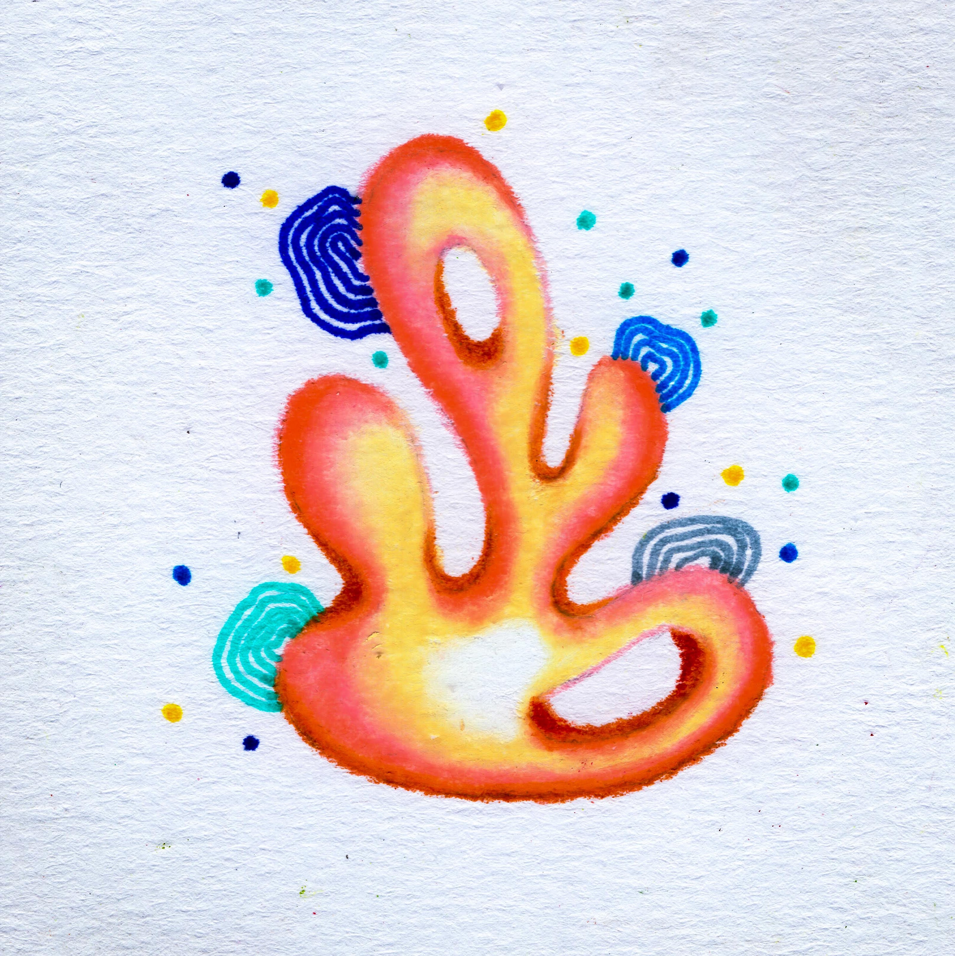 An orange coloured blob, appearing as if happily reaching to the sky. Semi-circular lines stick out of the blob in small flap-like blue accents with small blue and yellow dots sporadically placed around them. 187/365 of the 000/365 collection by charming cavatica