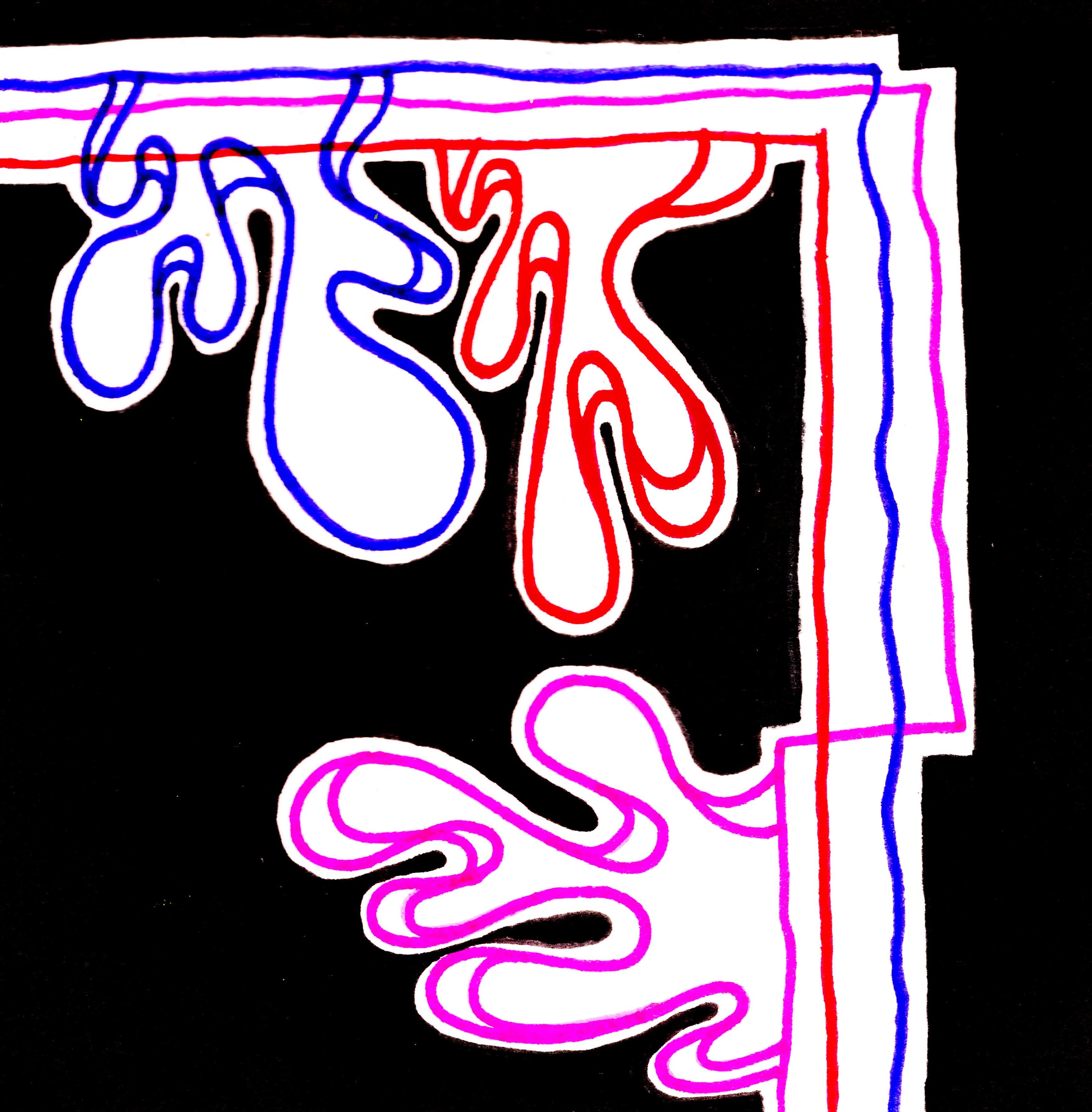 3 wiggling blob-like forms in pink, red, and blur sticking out of 3 L-shaped, jagged, and intersecting lines. The shapes are upon a white background, with blacked-out sections hugging around the shapes. 188/365 of the 000/365 collection by charming cavatica