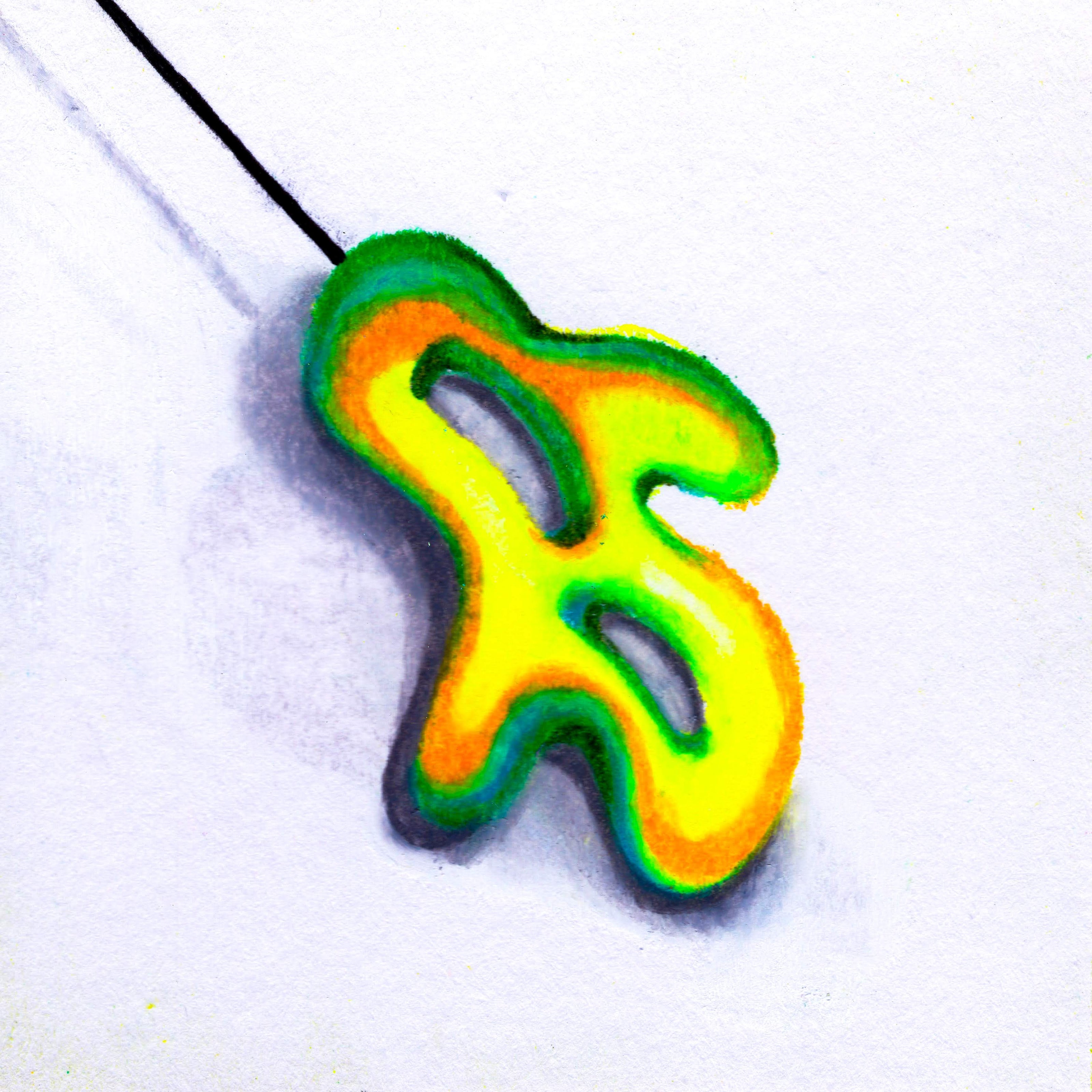 A neon yellow, lime green, and orange coloured blob being pulled by a black string. 191/365 of the 000/365 collection by charming cavatica