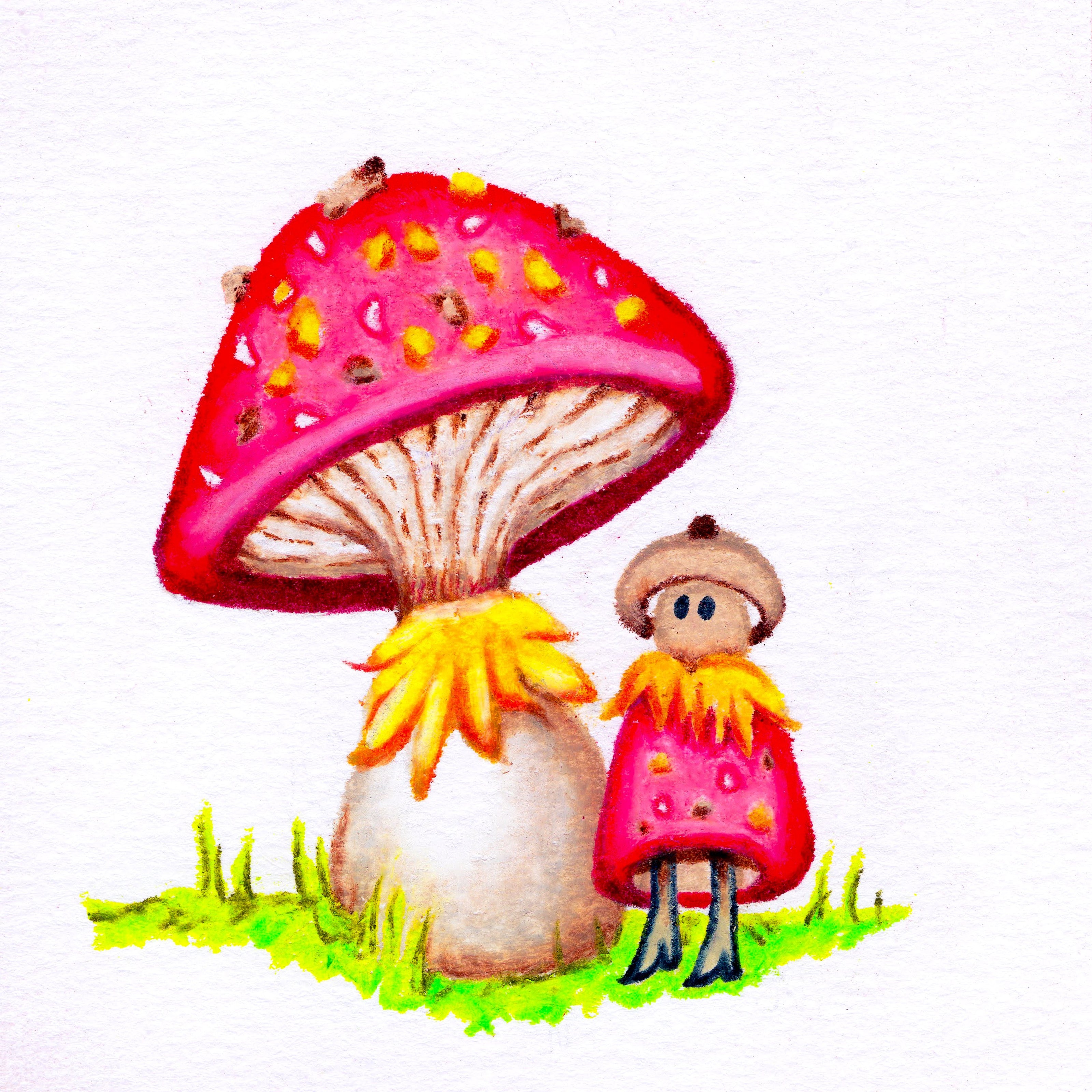 A red mushroom with a small mushroom person with an acorn hat standing beneath it.192/365 of the 000/365 collection by charming cavatica