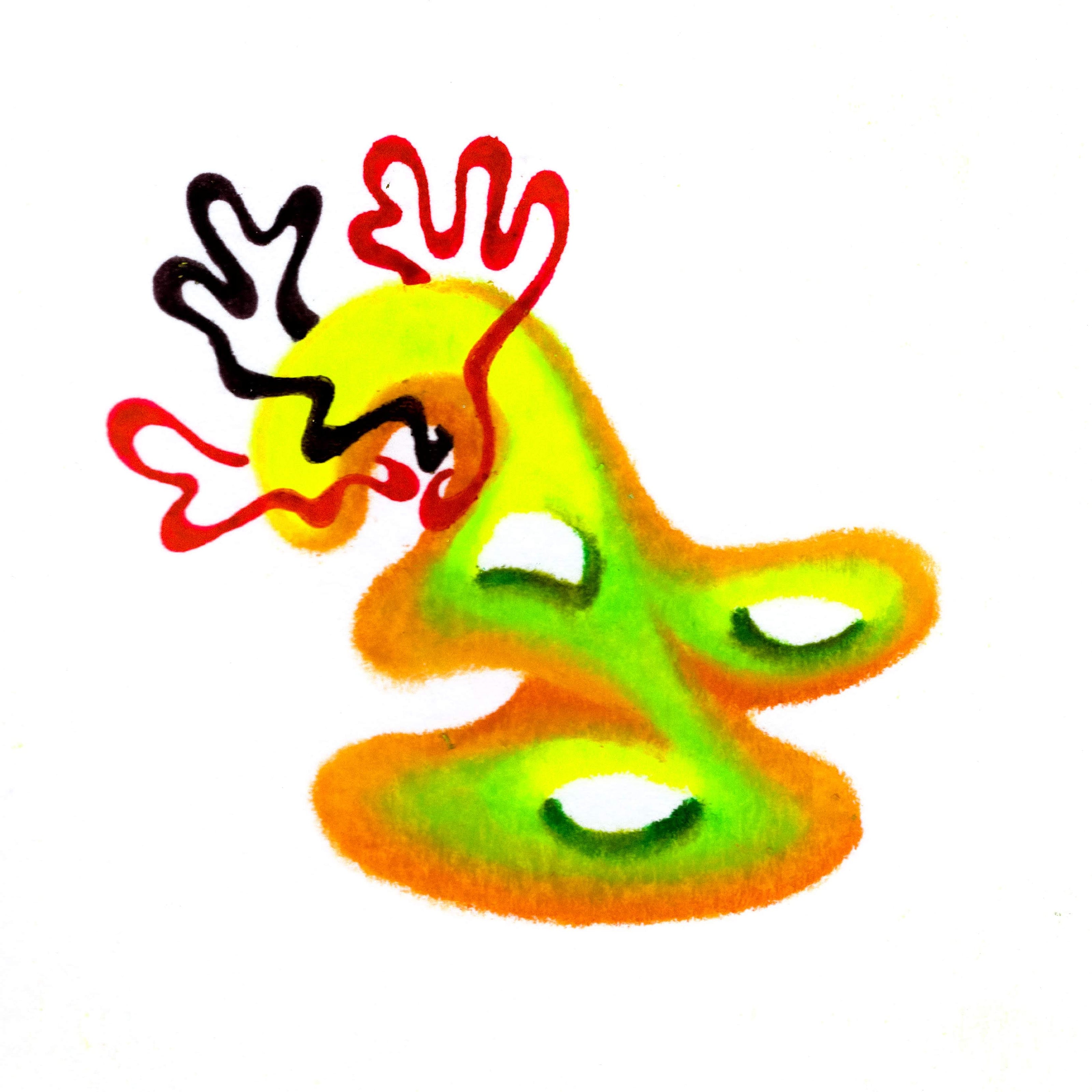 A lime green and burnt orange coloured blob, with three wobbling hoops hugging around a trunk-like hook. 195/365 of the 000/365 collection by charming cavatica