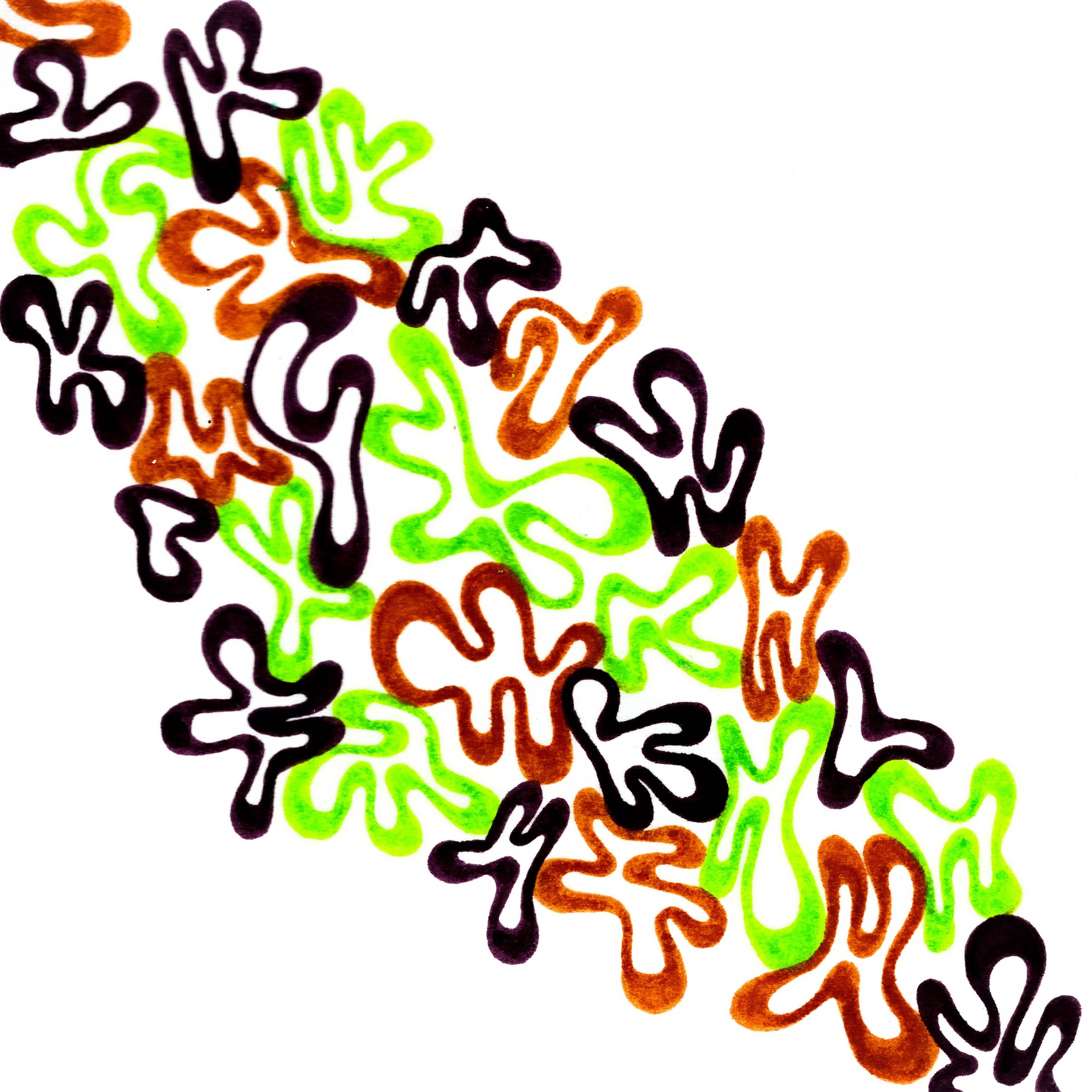 wobbling closely-touching linework blobs atop one another in blob-like masses In shades of lime green, dark brown, and mid-toned brown. 196/365 of the 000/365 collection by charming cavatica 
