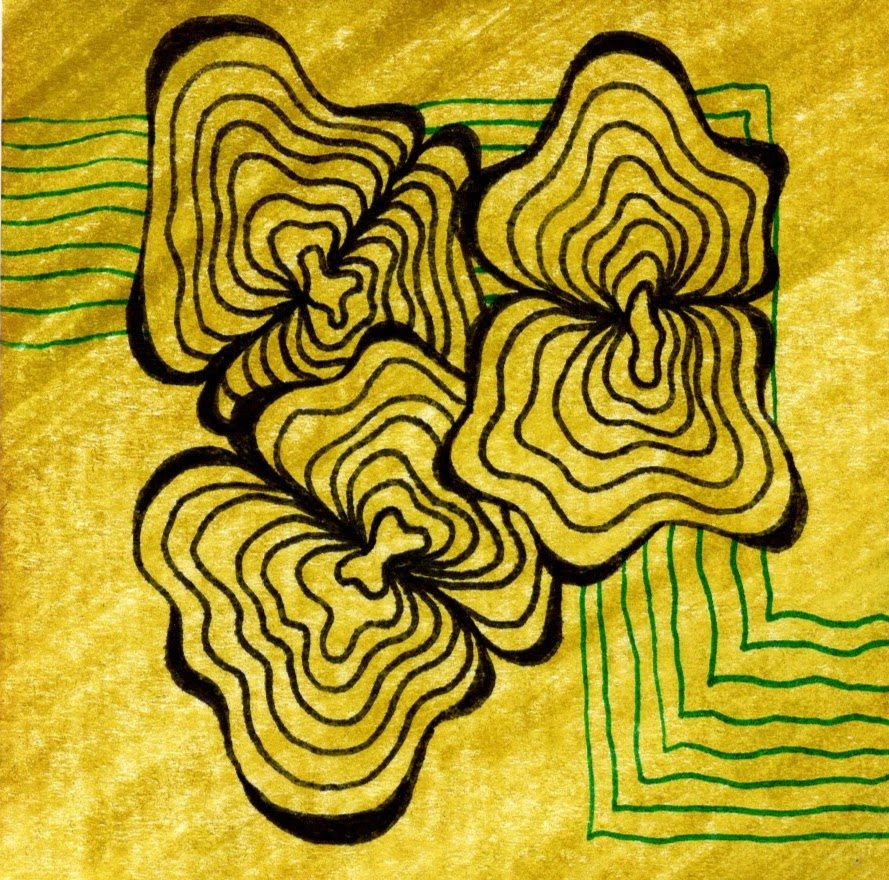three black ovals made of undulating lines on a mustard yellow background. 002/365 of the 000/365 collection by charming cavatica
