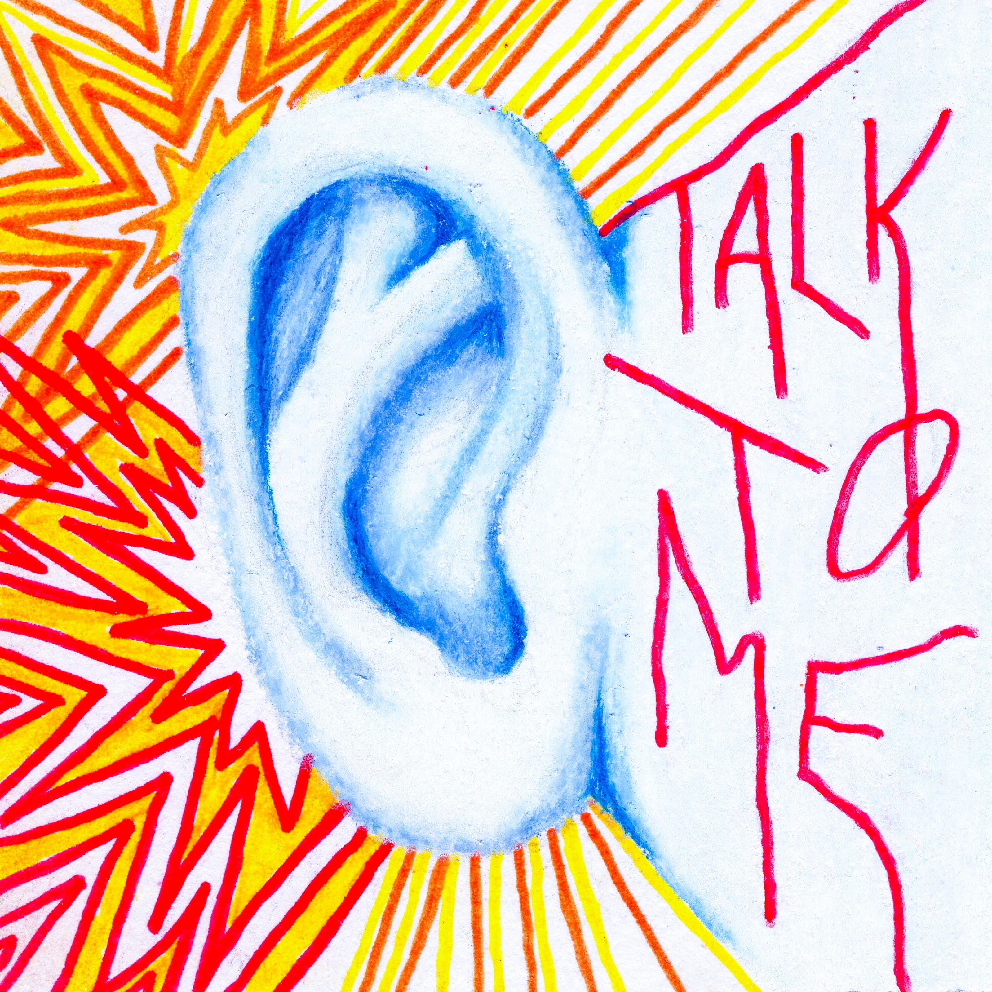 A close-up of a blue ear with a graphic yellow and pink burst of spikes around it. The words "talk to me" frame the righthand side of the ear. 203/365 of the 000/365 collection by charming cavatica