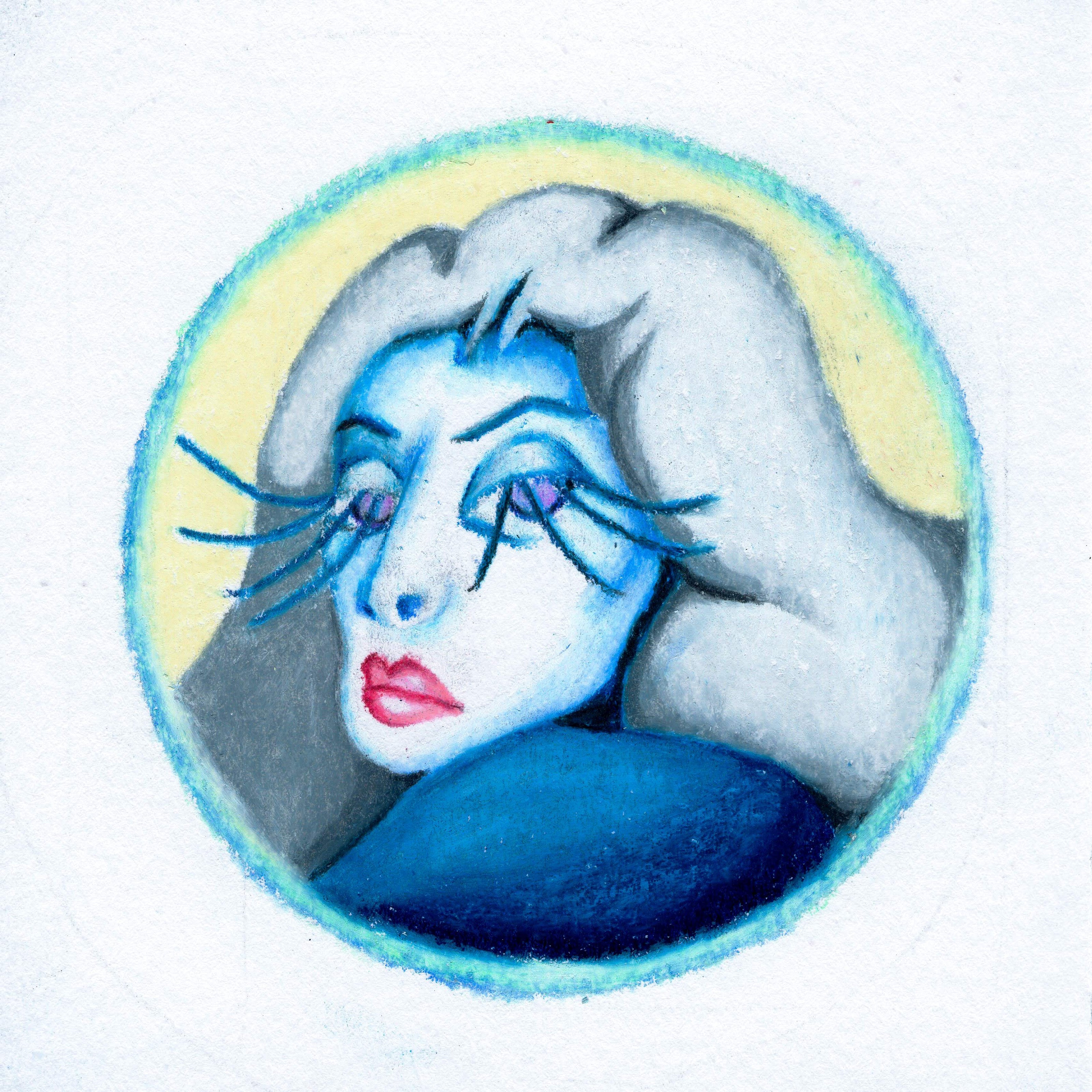 A grey haired, long lashed, disappointed looking close-up of a woman within a circle. 205/365 of the 000/365 collection by charming cavatica 