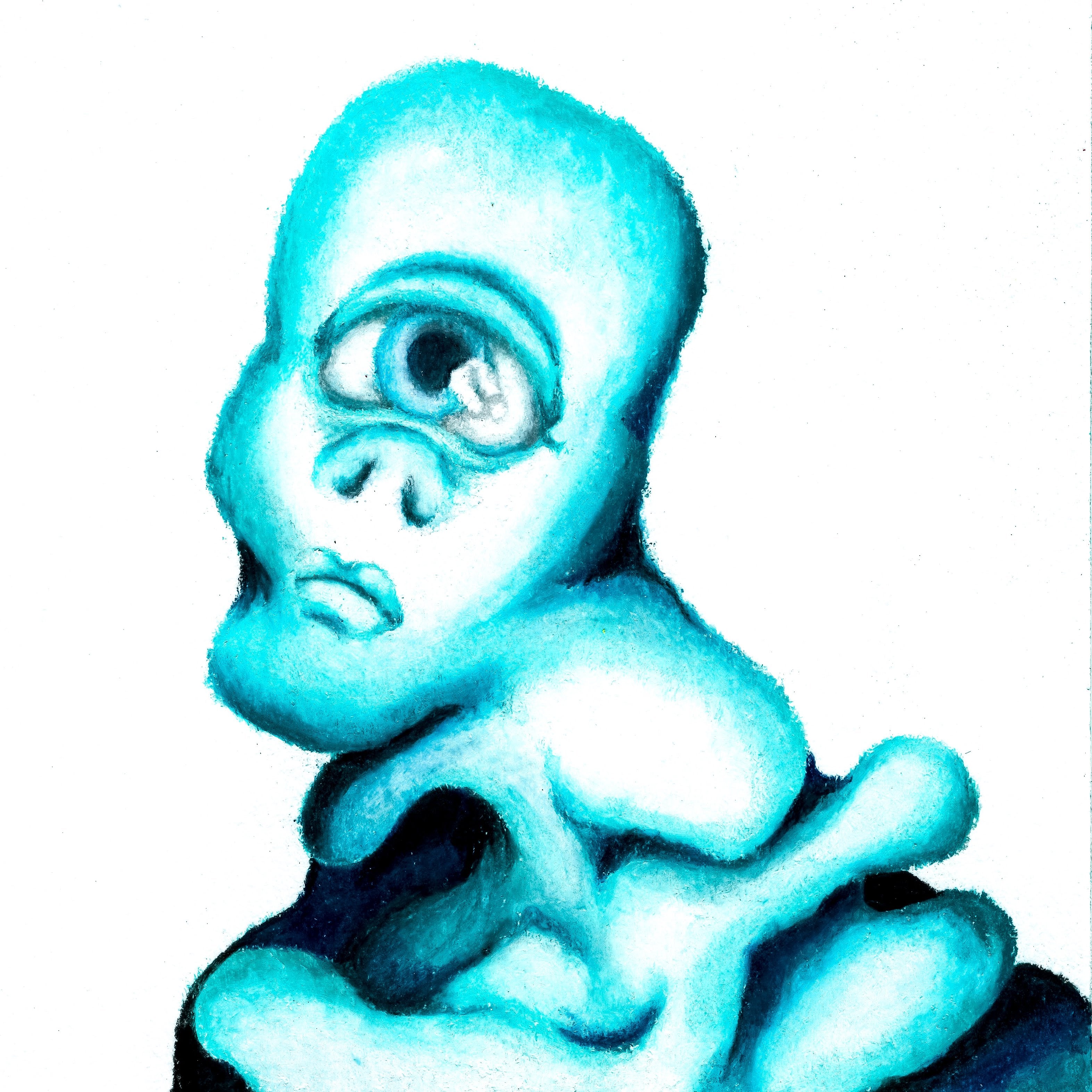 A teal blue dripping blob alien person with one eye, looking sad and longingly into the distance. 217/365 of the 000/365 collection by charming cavatica