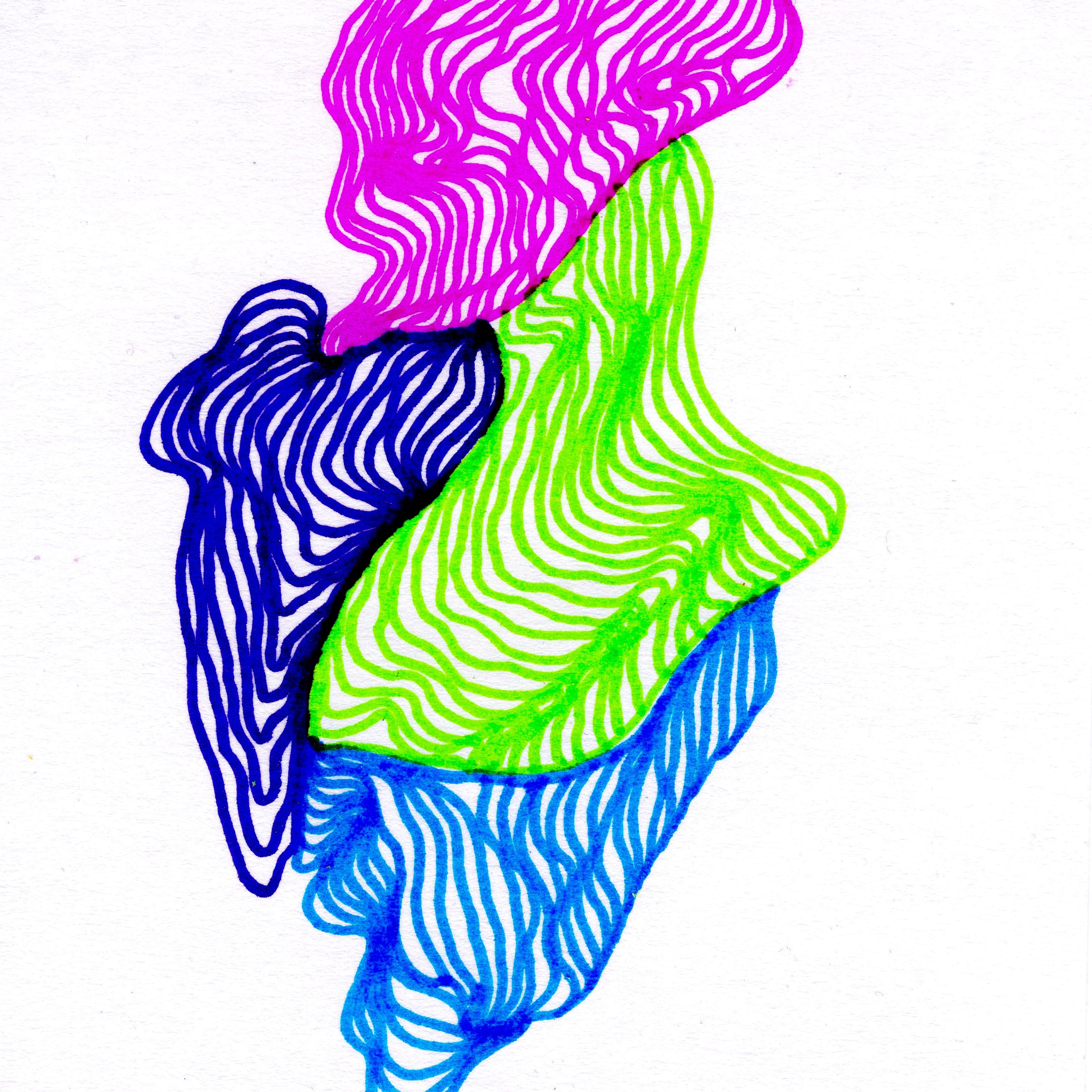 wobbling lines layering atop one another in blob-like masses in a column down the middle of the page.. In shades of hot pink, lime green, deep blue, and cobalt blue from top to bottom. 224/365 of the 000/365 collection by charming cavatica