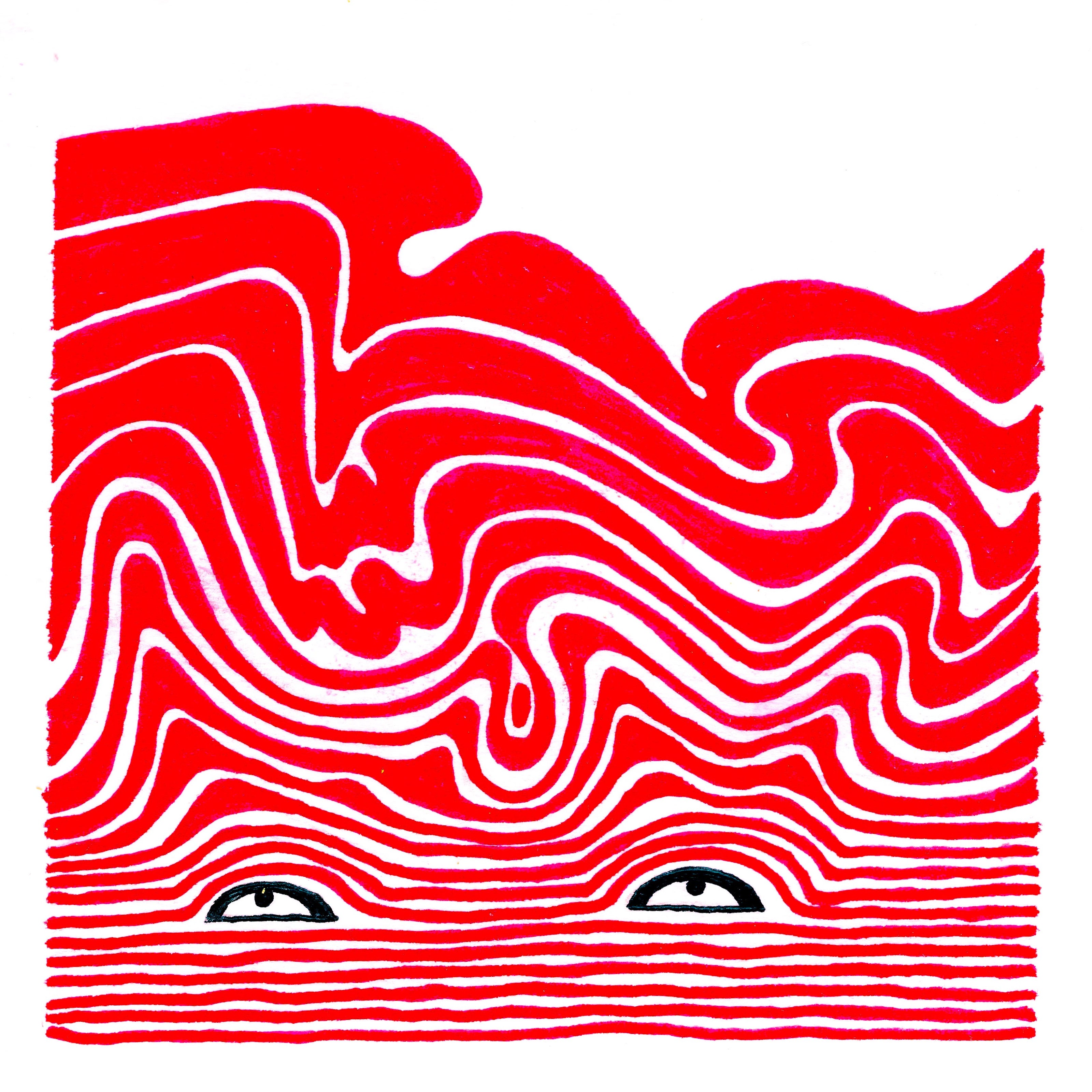 A set of eyeballs sit atop 6 straight lines. additional red lines hug around the eyeballs above, layering and waving as they become thicker and more erratic in shape. 227/365 of the 000/365 collection by charming cavatica
