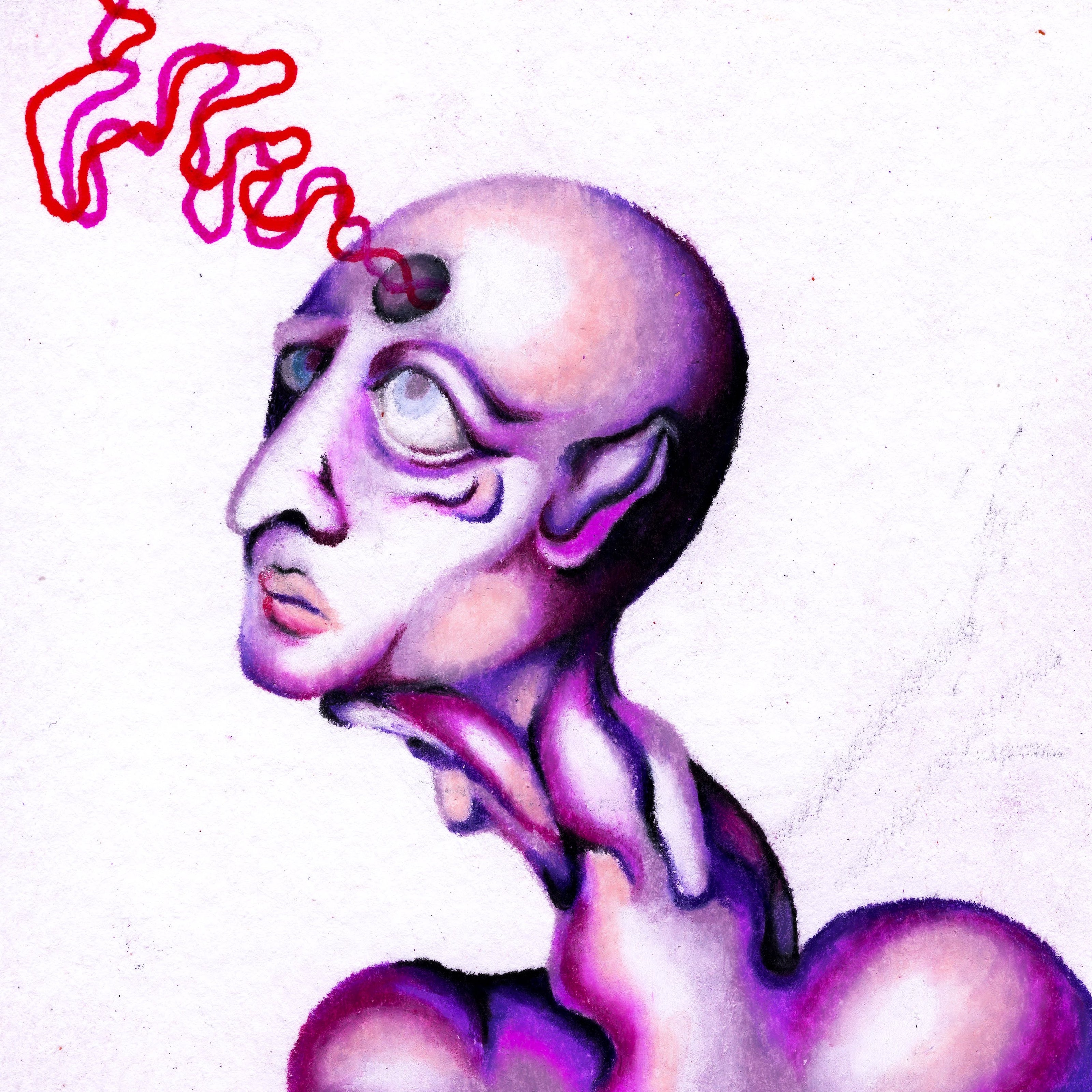 A long-necked purple bald blob alien person looking at the hole in their forehead that is emitting pid and red wobbling lines. 235/365 of the 000/365 collection by charming cavatica