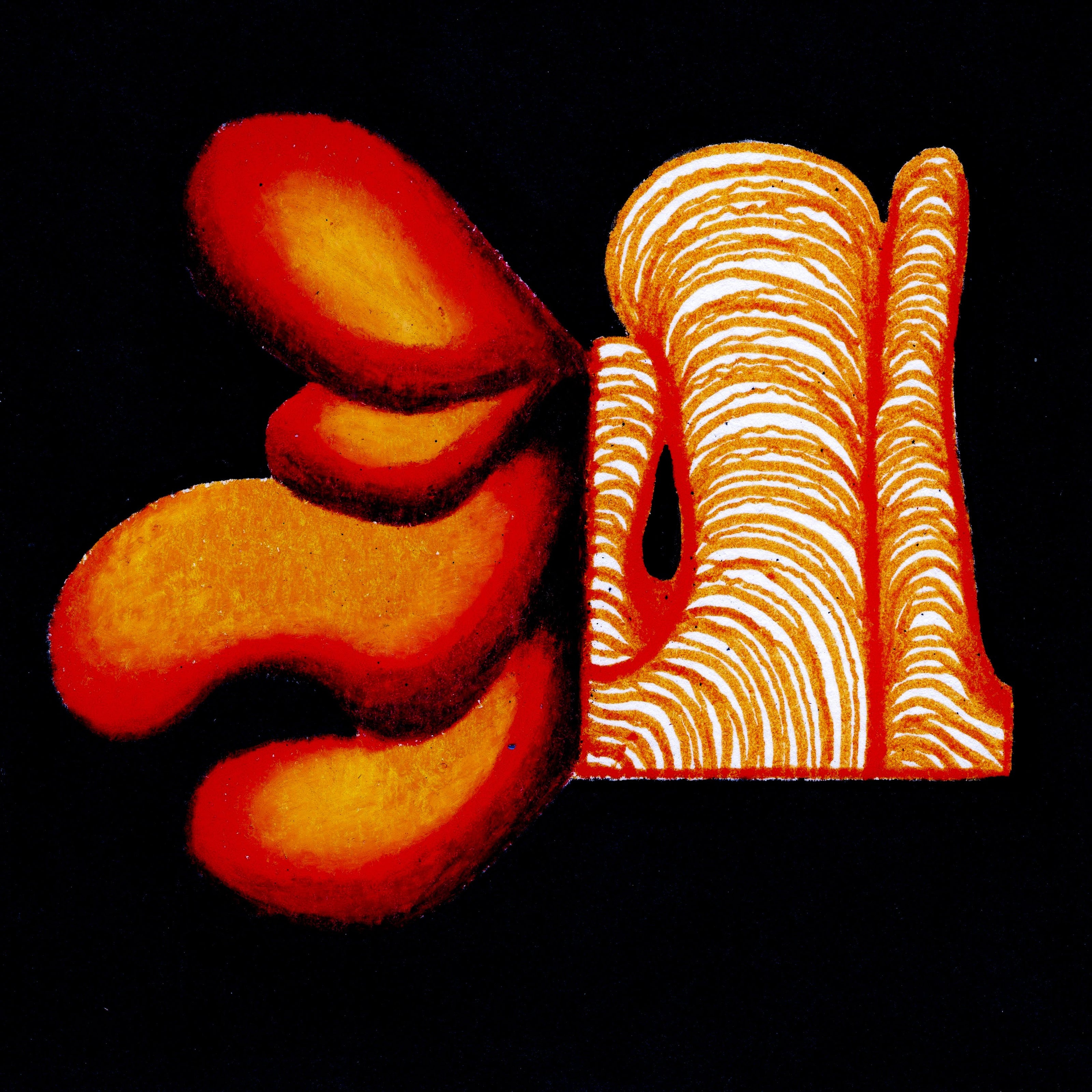Wobbling orange lines layered as if a tower. An orange blob sticking from the lefthand side, as if growing from the tower. Suspended on a black background. 237/365 of the 000/365 collection by charming cavatica