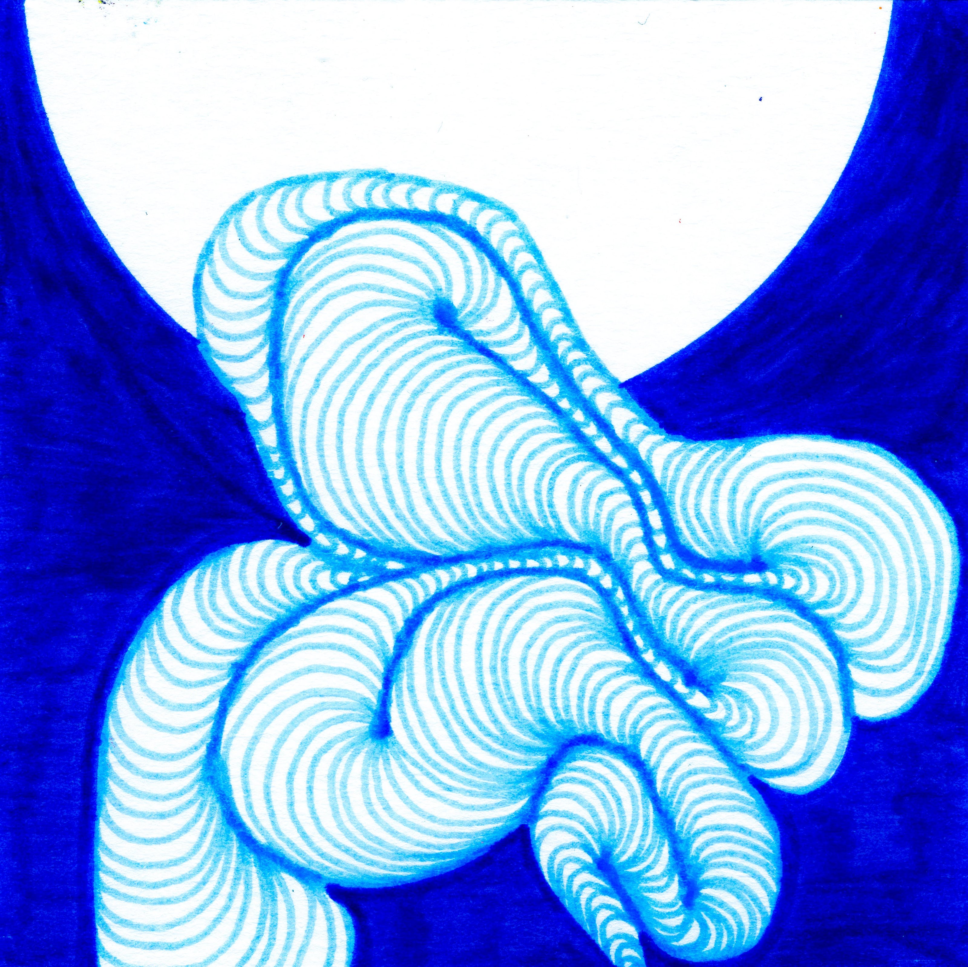 A wobbling interconnecting black line mall on a dark blue background above a solid white semicurcle, as if a folded up worm beneath the moon. 240/365 of the 000/365 collection by charming cavatica