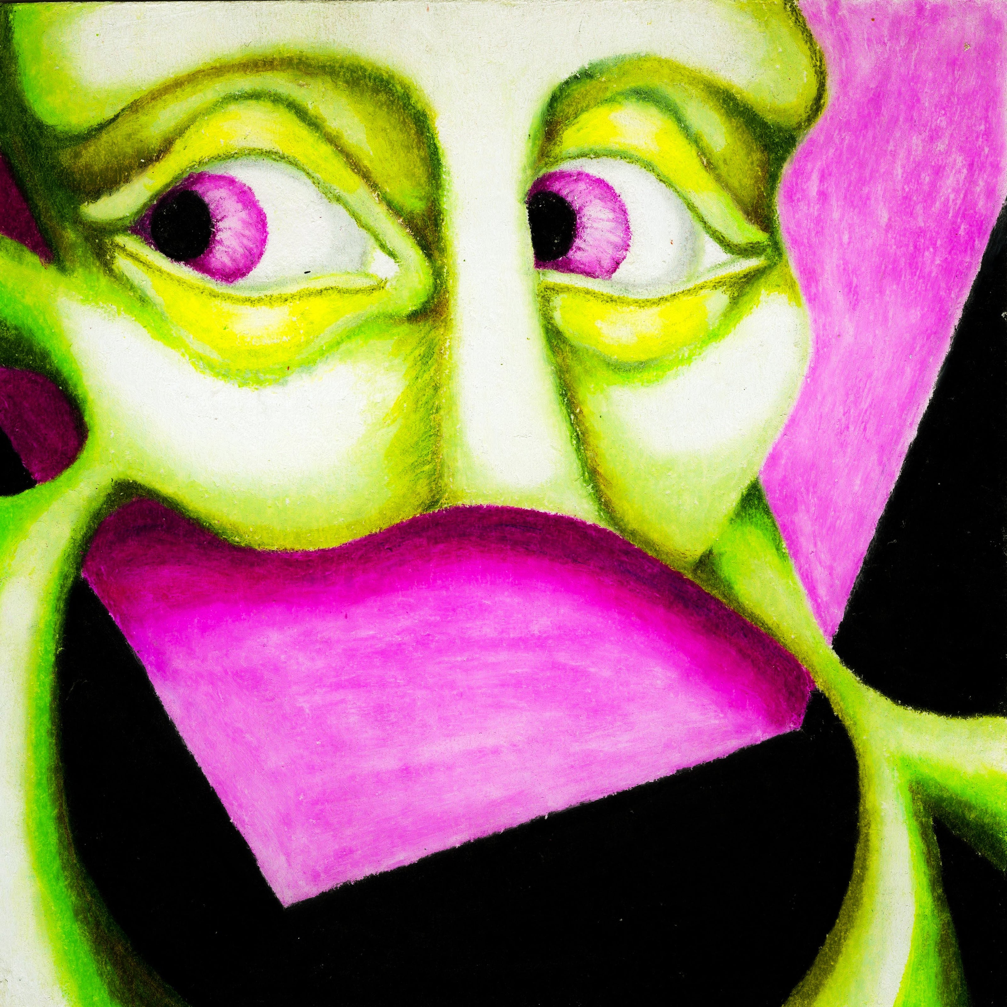 A mask-like green face looking nervously to the left side on a hot pink and black blocked background. 241/365 of the 000/365 collection by charming cavatica