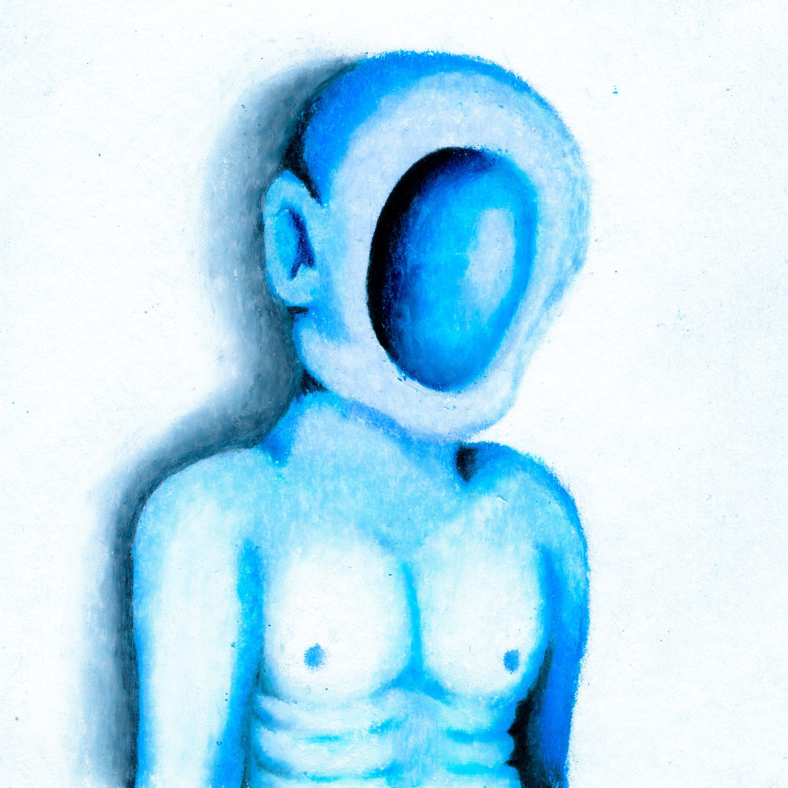 A shirtless, famished blue skinned figure with a hole where their face should be on a white background. 249/365 of the 000/365 collection by charming cavatica