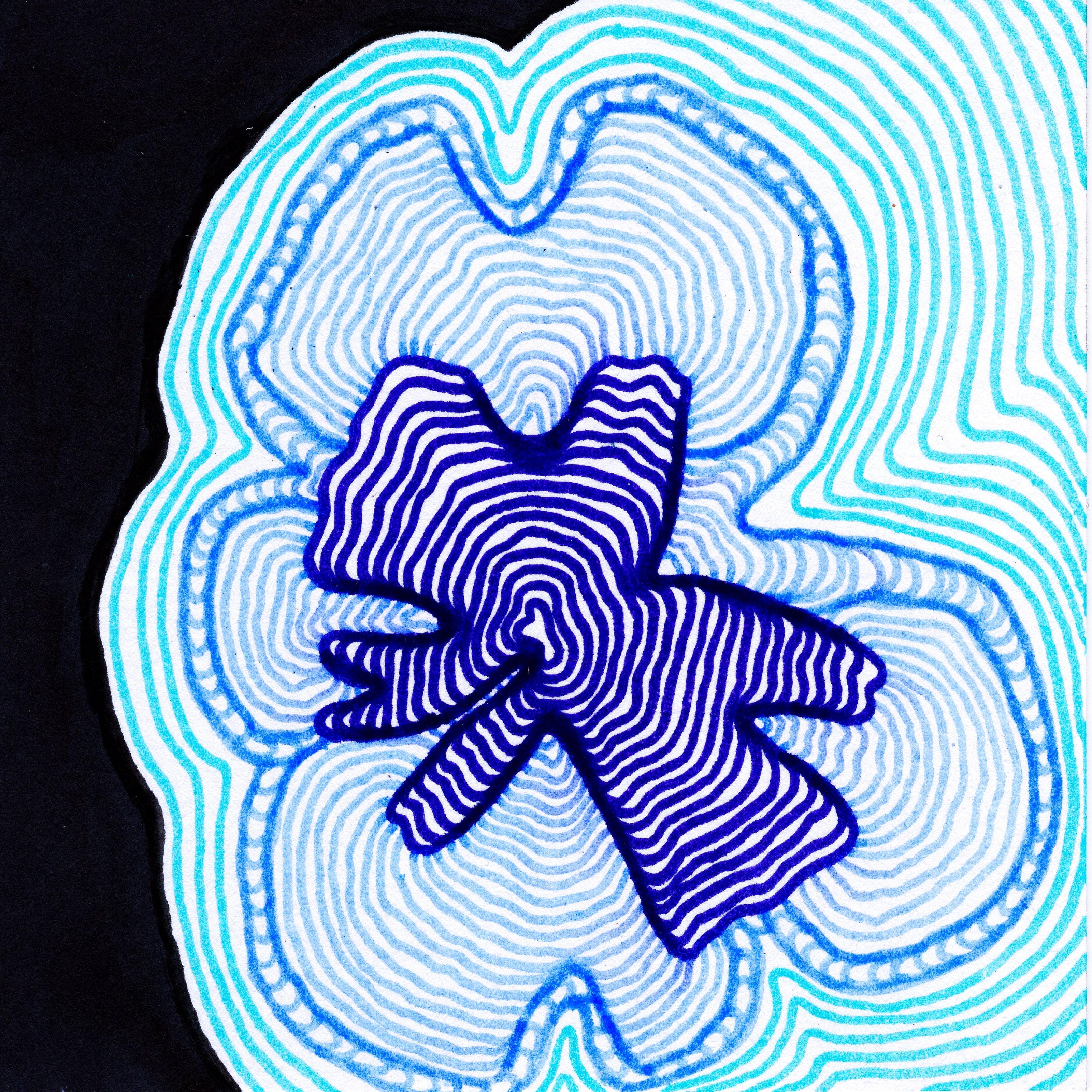 Circular rings around one another, branching off into smaller chunks of inerconnecting layered lines. the lines slowly transotion from dark blue, light teal, to light blue. A black filled-in space to the lefthand side of the frame hugs up to the circular shapes. 250/365 of the 000/365 collection by charming cavatica