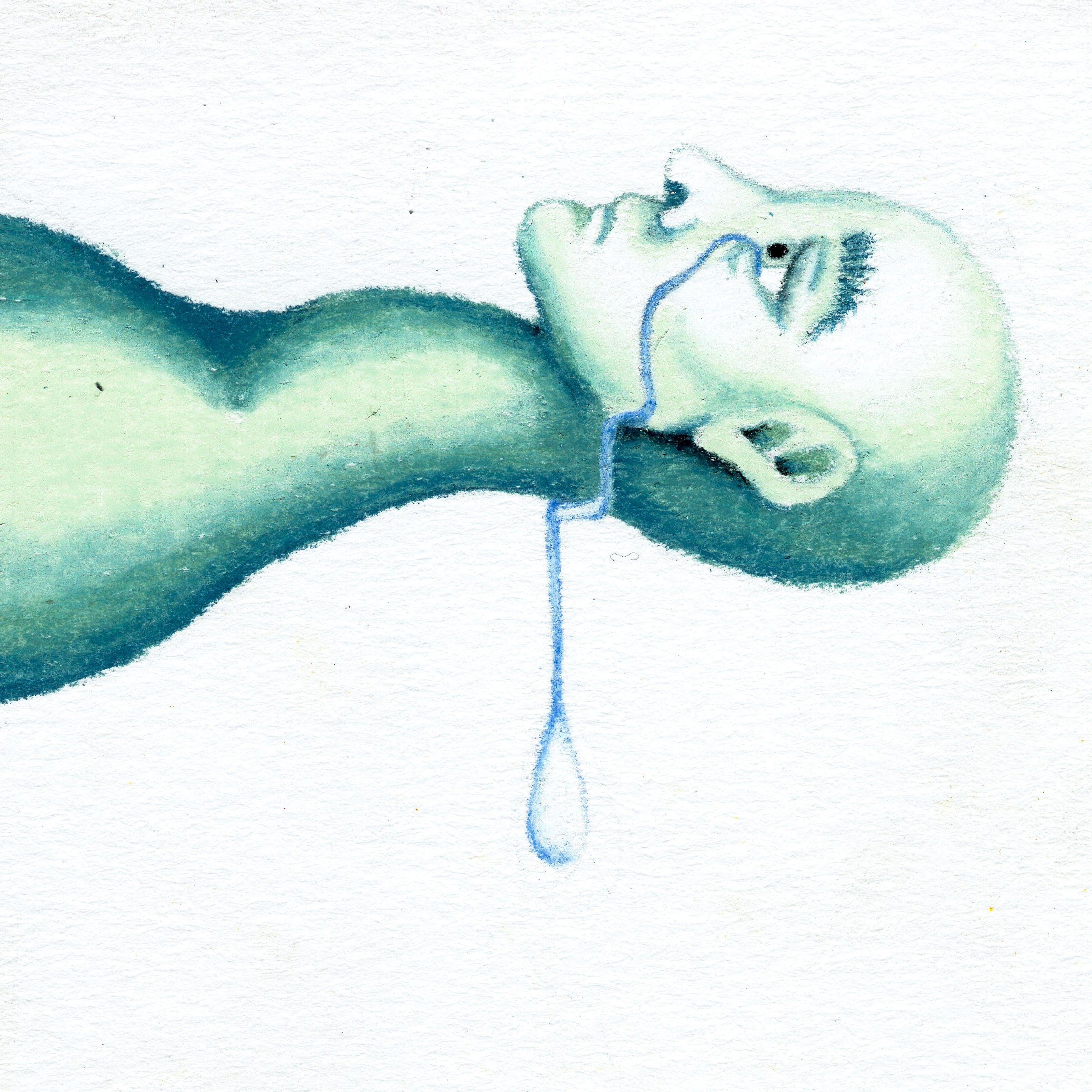 A green-skinned long-necked figure facing upward in profile position near the top of the frame. A singular large tear drops from the eye, dropping down to the bottom of the frame. 251/365 of the 000/365 collection by charming cavatica