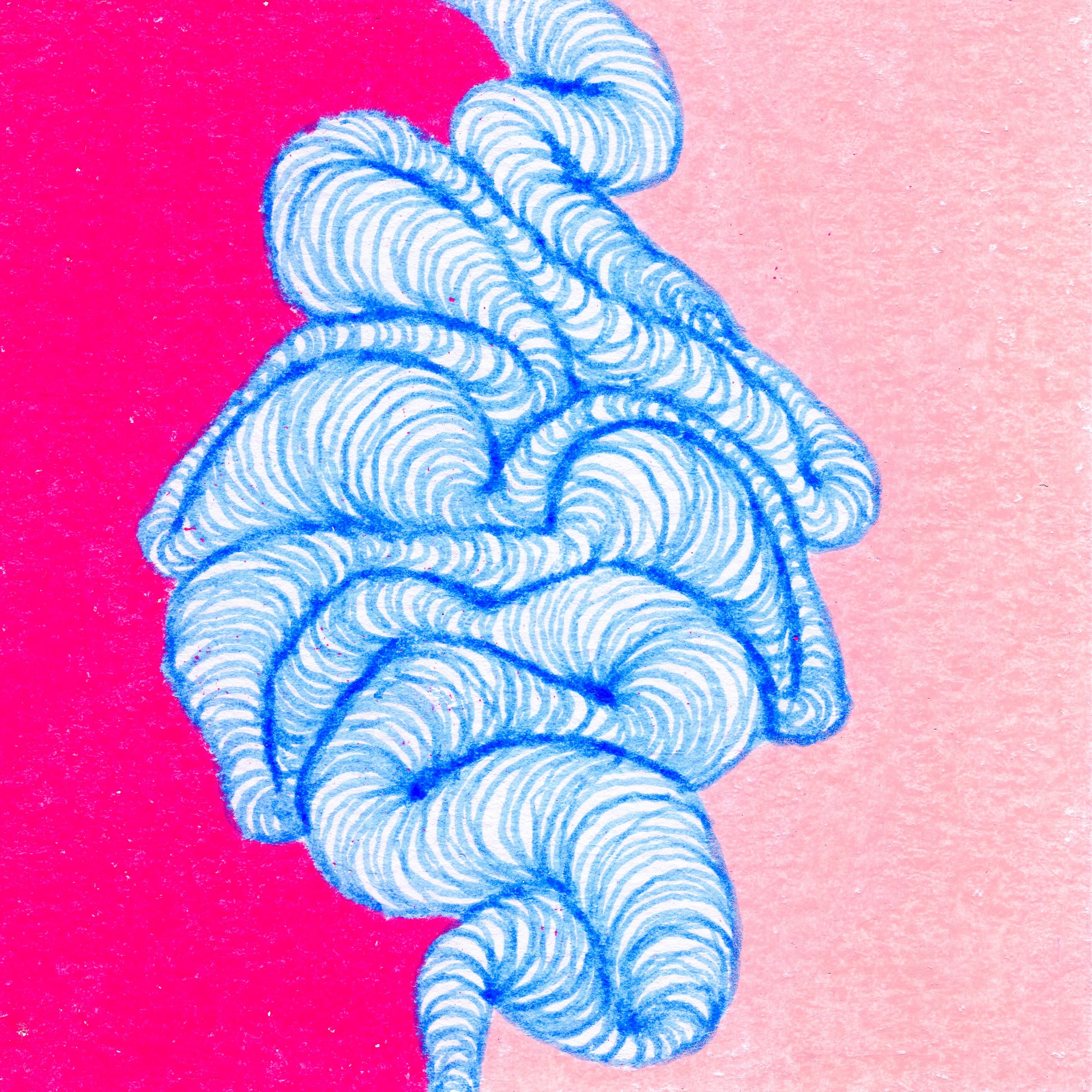 A vertical column of wobbling layered baby blue lines overlapping with a split colour background of hot pink and peach. 254/365 of the 000/365 collection by charming cavatica