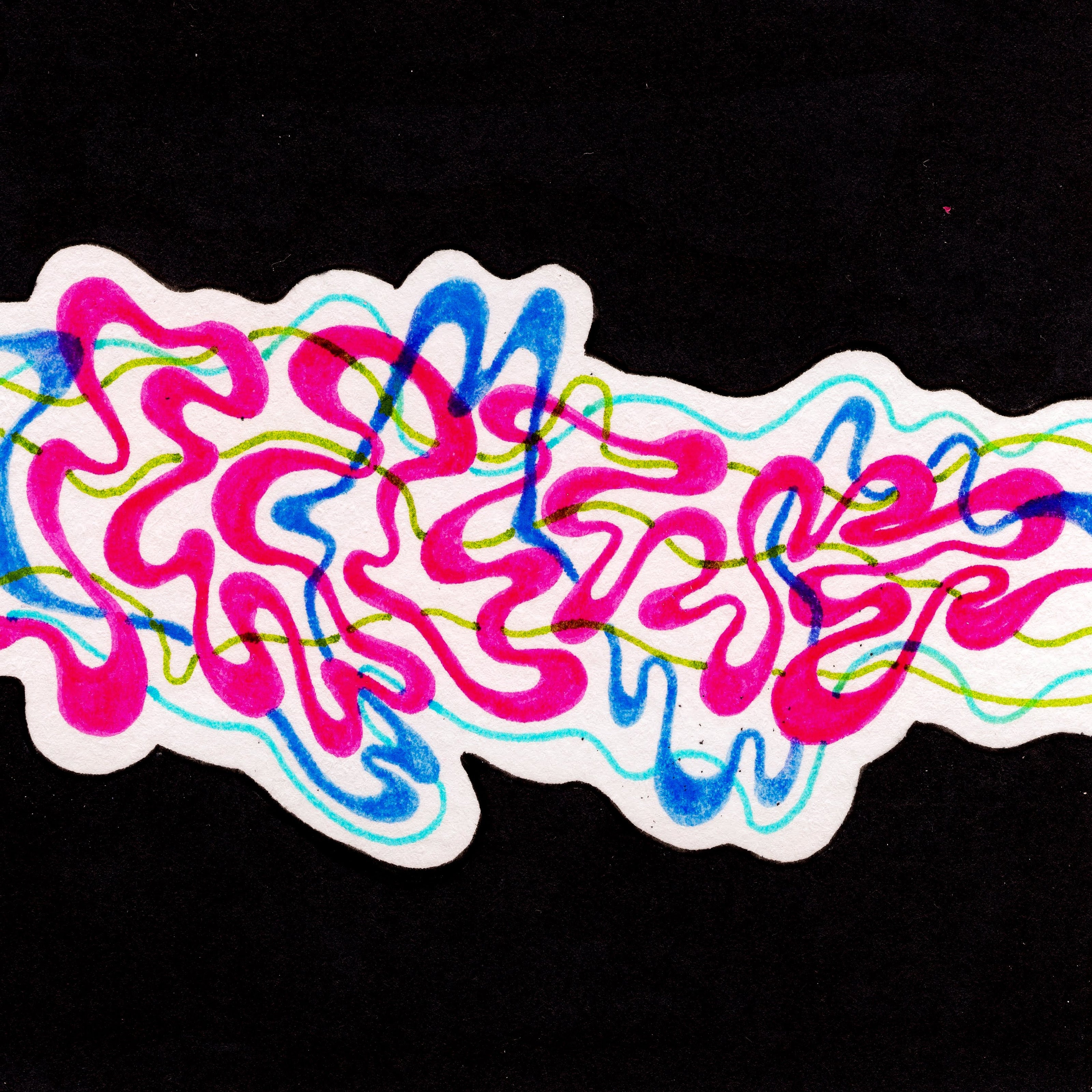 A horizontal clump of wiggling and intersecting lines in blue, green, and pink. The wiggles are encapsuled by a wite background, wth deep black sections hugging around the wiggles. 255/365 of the 000/365 collection by charming cavatica