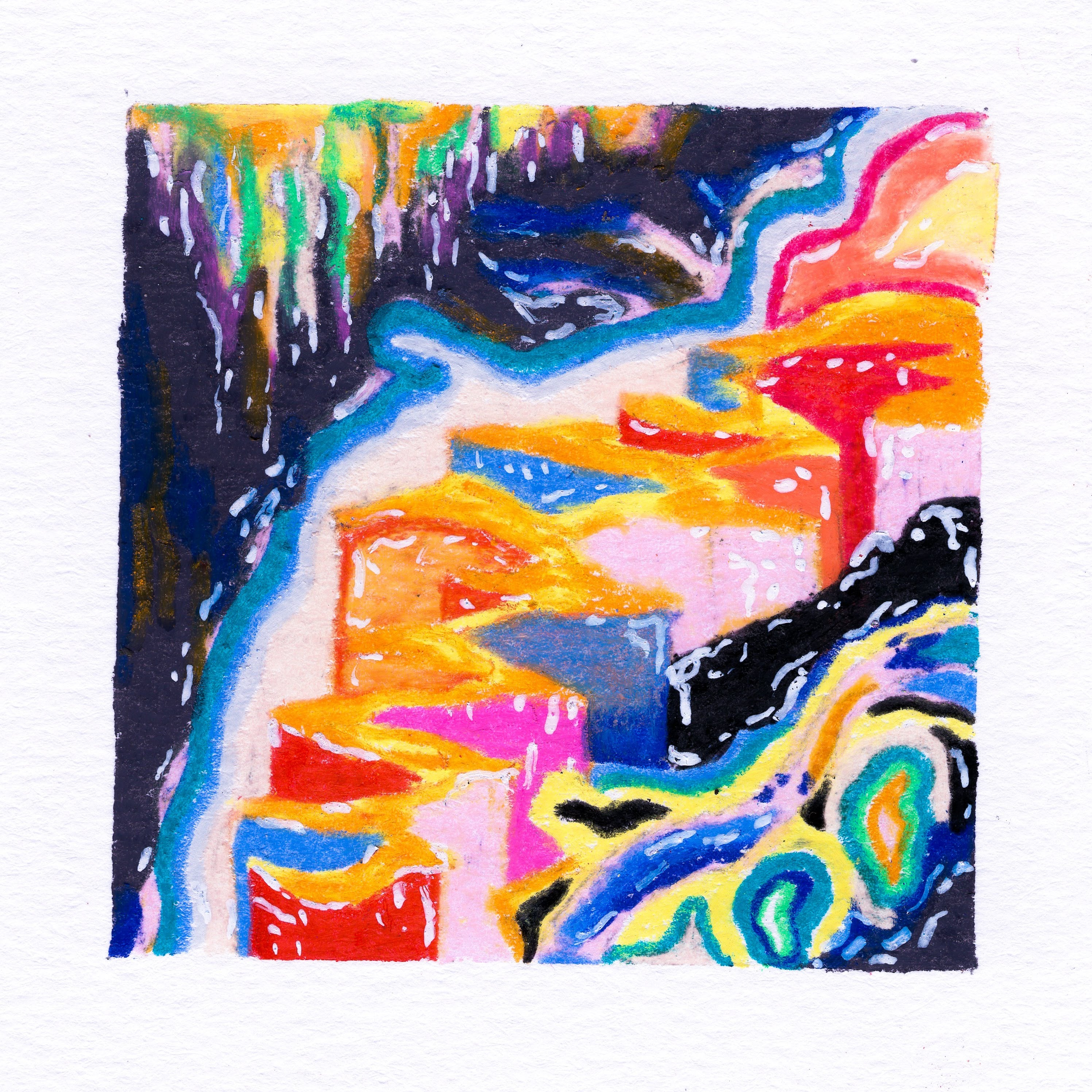 A zig-zag raised walkway in rainbow shades from bottom left to top right. The perimiters are shades of black and speckled white, with rainbow drips from top left and bottom right of the frame. 267/365 of the 000/365 collection by charming cavatica