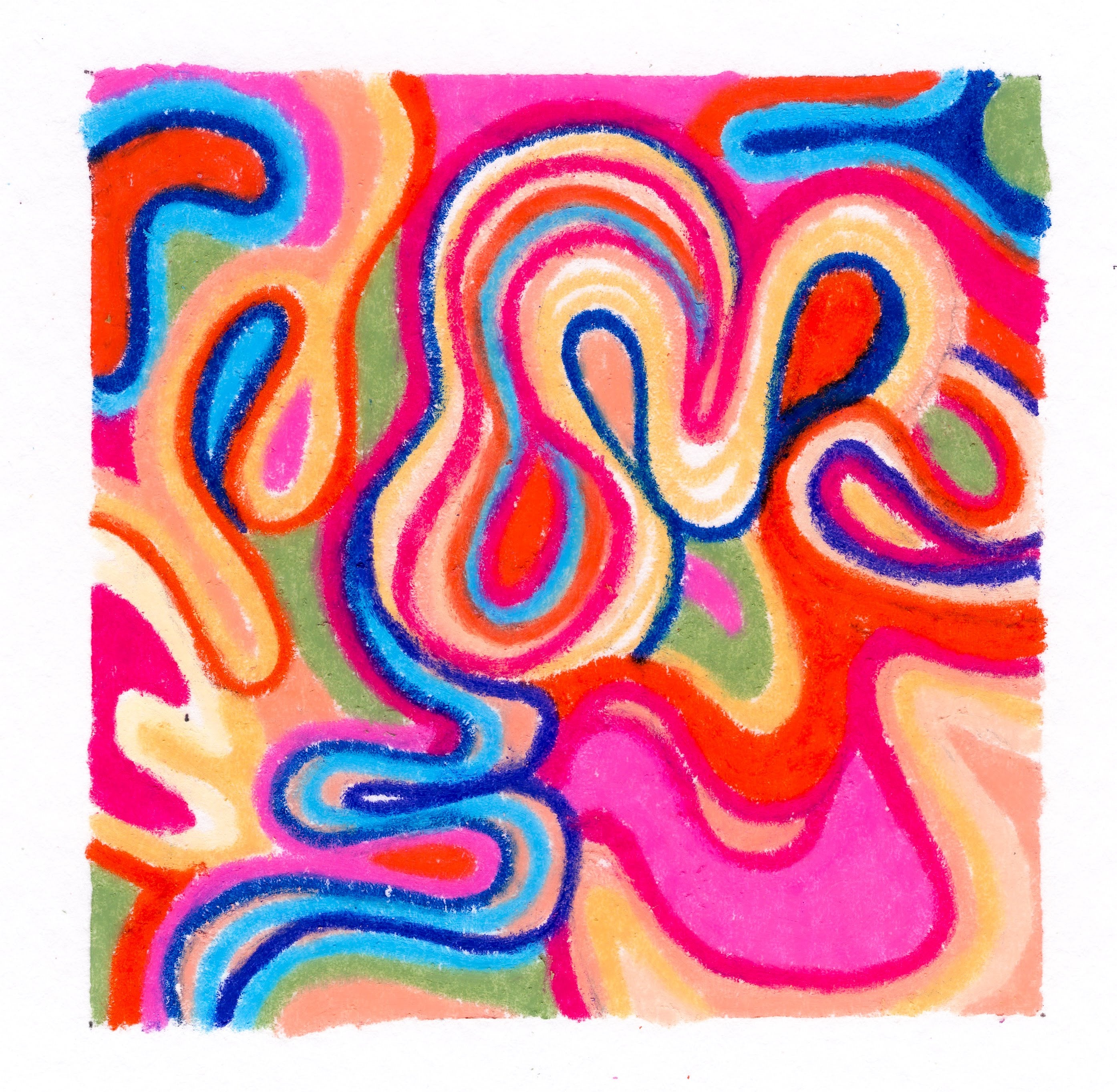 Swirling and wobbling square pattern in shades of yellow, red,indigo blue, hot pink, cream white, peach, mint green, and teal blue. Resembles a groovy disco-inspired pattern. 269/365 of the 000/365 collection by charming cavatica