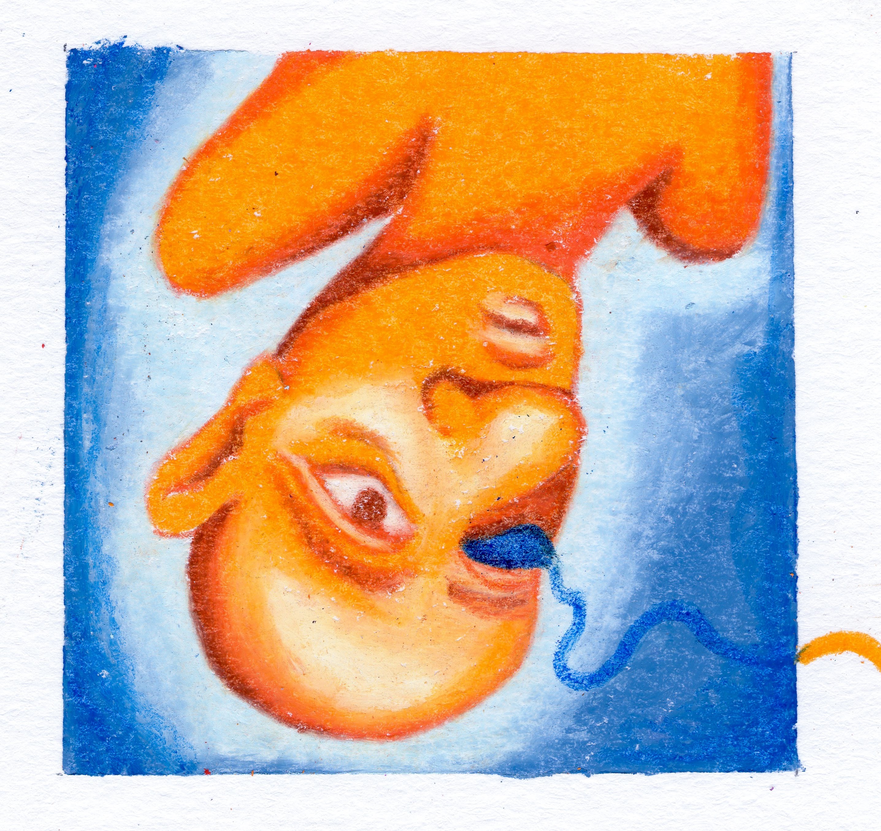 An upside-down orange skinned bald man on a blue background. A blue circular orb with a thin blue line escapes from the right eye, leading out of frame. 271/365 of the 000/365 collection by charming cavatica
