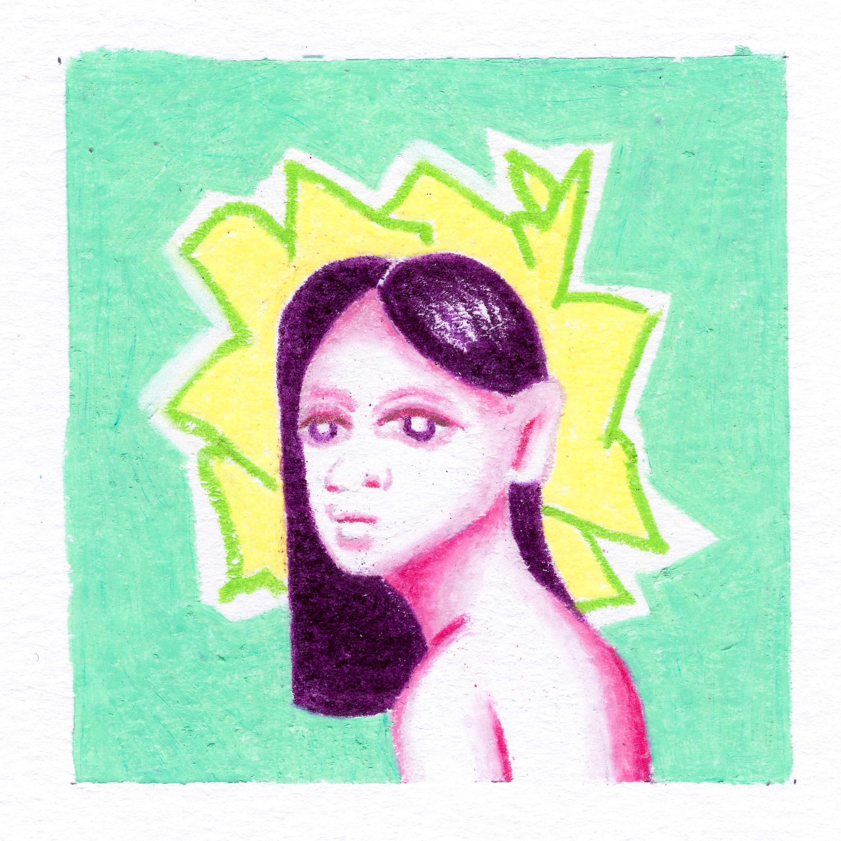 A slouching bug-eyed person with medium-length purple hair. A yellow scribbly starburst behind the head. pastel lime green background. 272/365 of the 000/365 collection by charming cavatica
