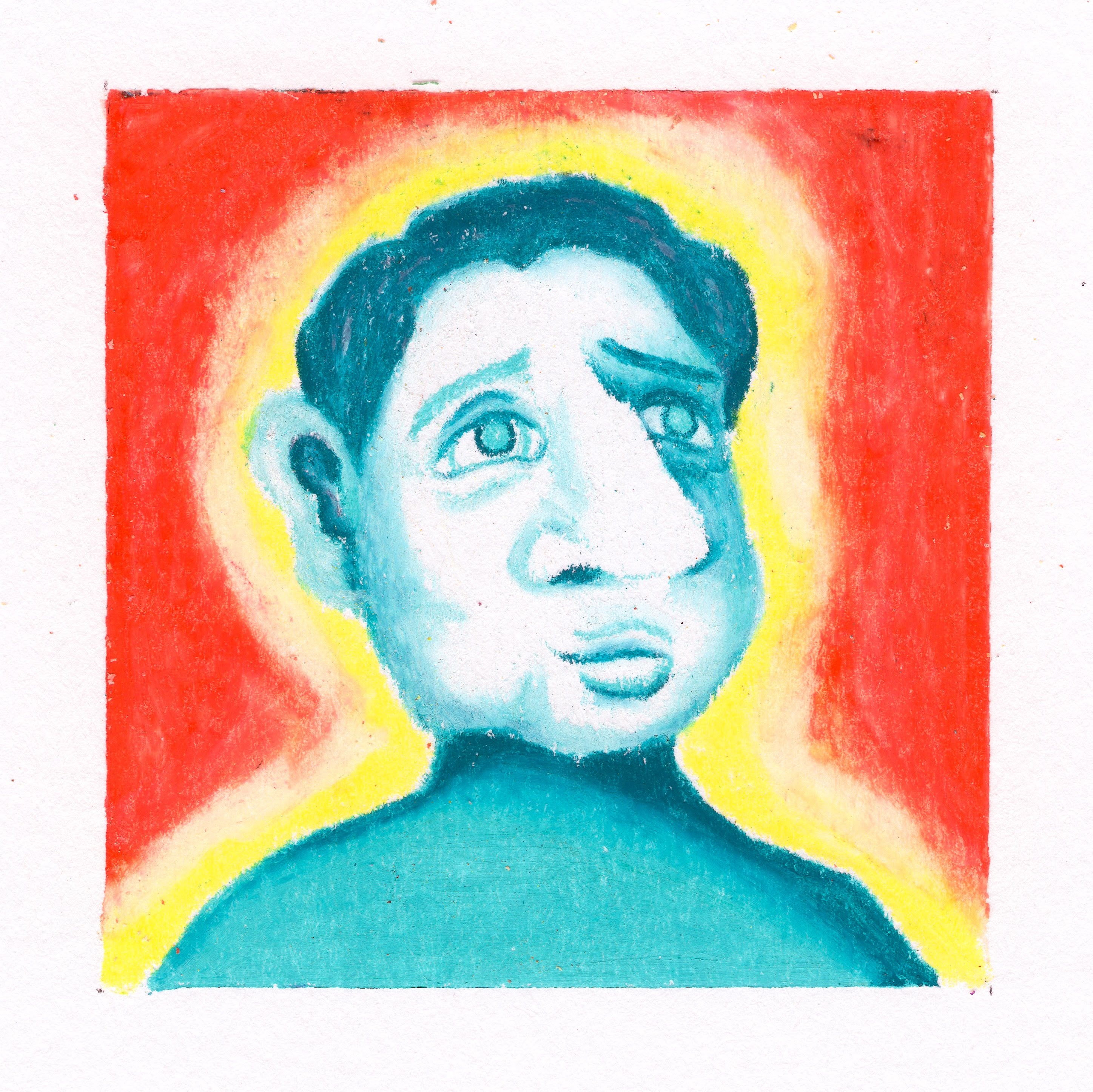 A teal blue man from shoulders up. surrounded by a yellow and orange layered hue. 273/365 of the 000/365 collection by charming cavatica