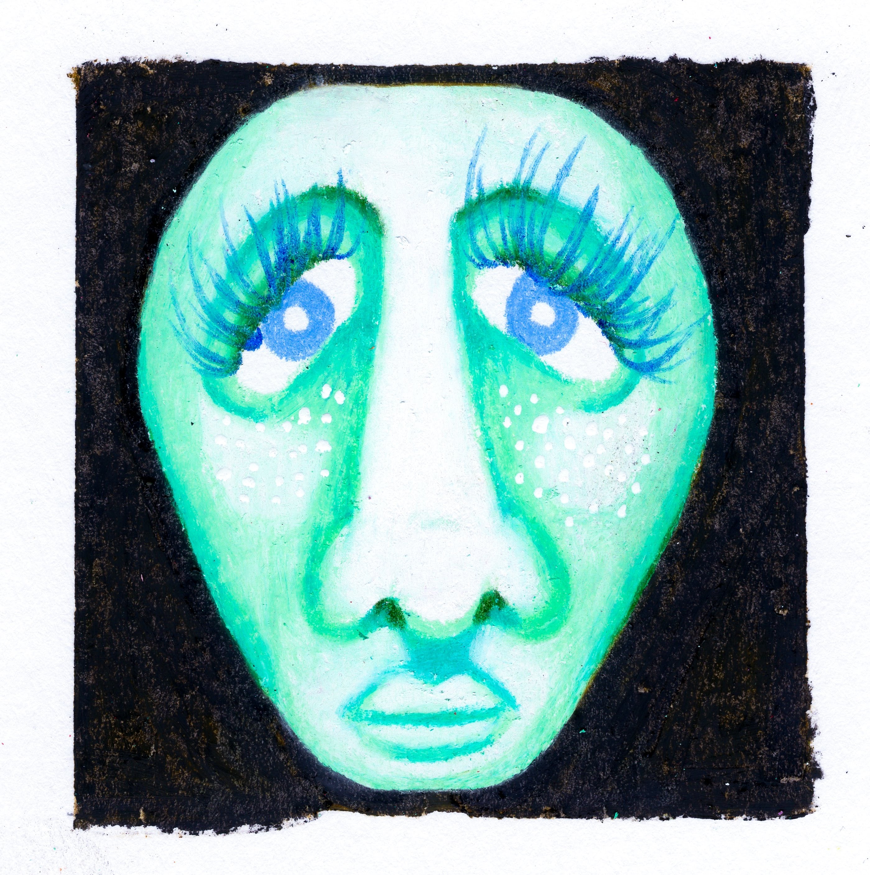 A teal blue face with a large long nose, smal lips, and medium oval-shaped eyes. A black background. 274/365 of the 000/365 collection by charming cavatica