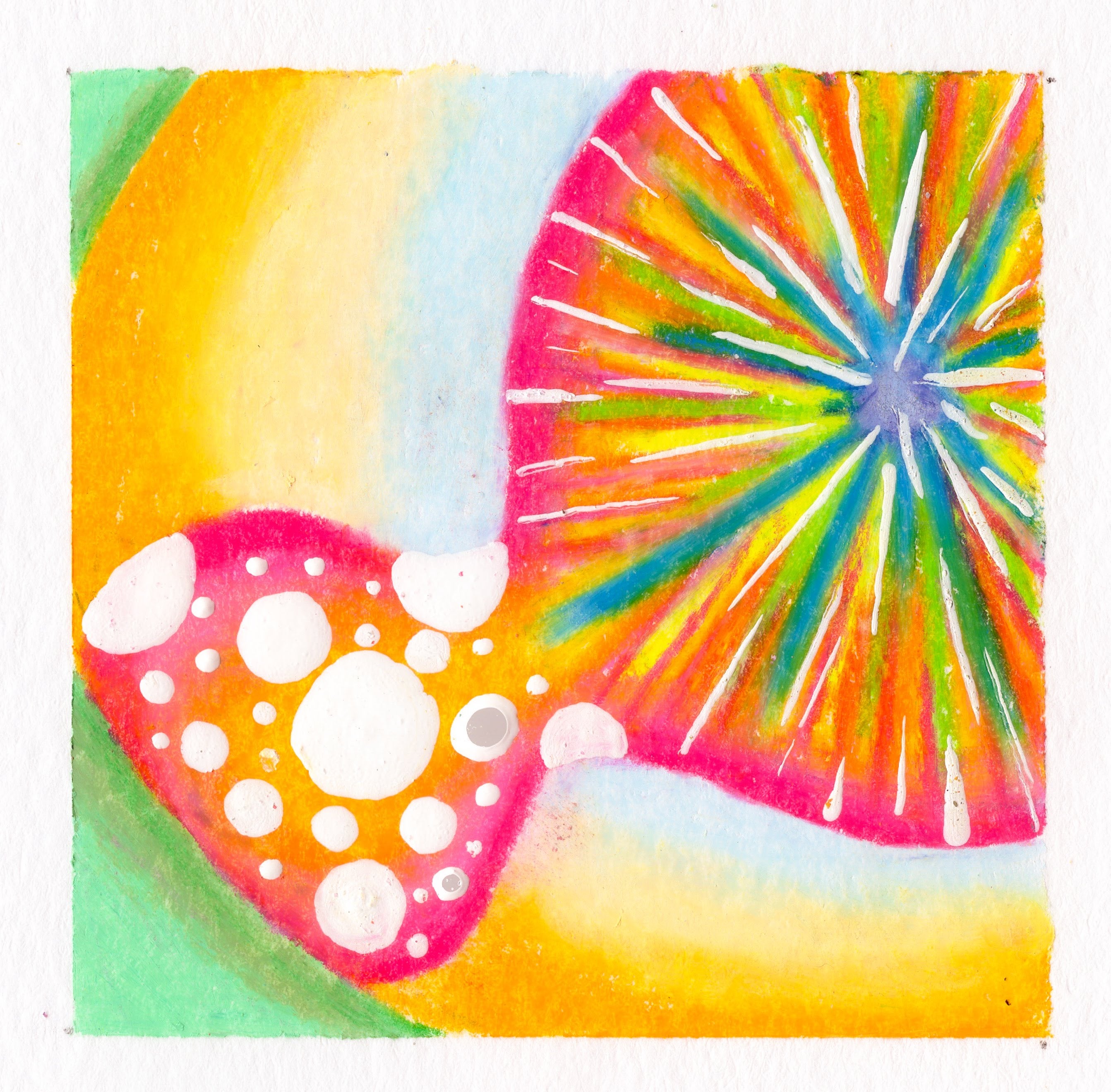 An hourglass-shaped blob with one larger circular section and smaller section, in a diagonal placement from top right to bottom left corner. The large section is a rainbow Starburst. The small section is various white circles. The background is bright yellow and pastel green in circular shapes, slightly cutting through the bottom smaller circular hourglass shape. 276/365 of the 000/365 collection by charming cavatica