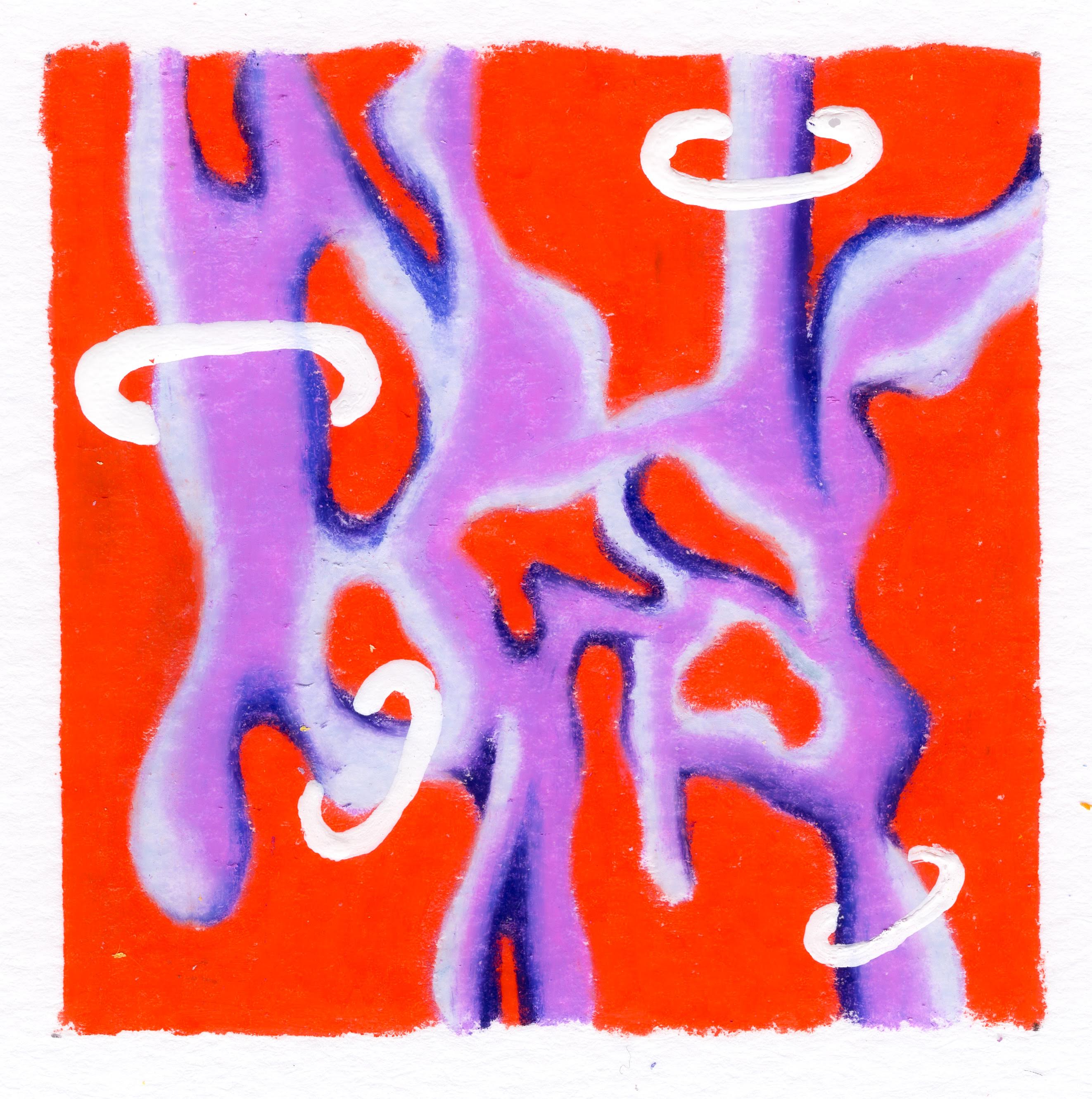 A purple blob appearing as if pulled apart, stringy, and drooping downward. 3 white rings surround some drooping sections, as if loosely surrounding a column. On a bright orange background. 277/365 of the 000/365 collection by charming cavatica
