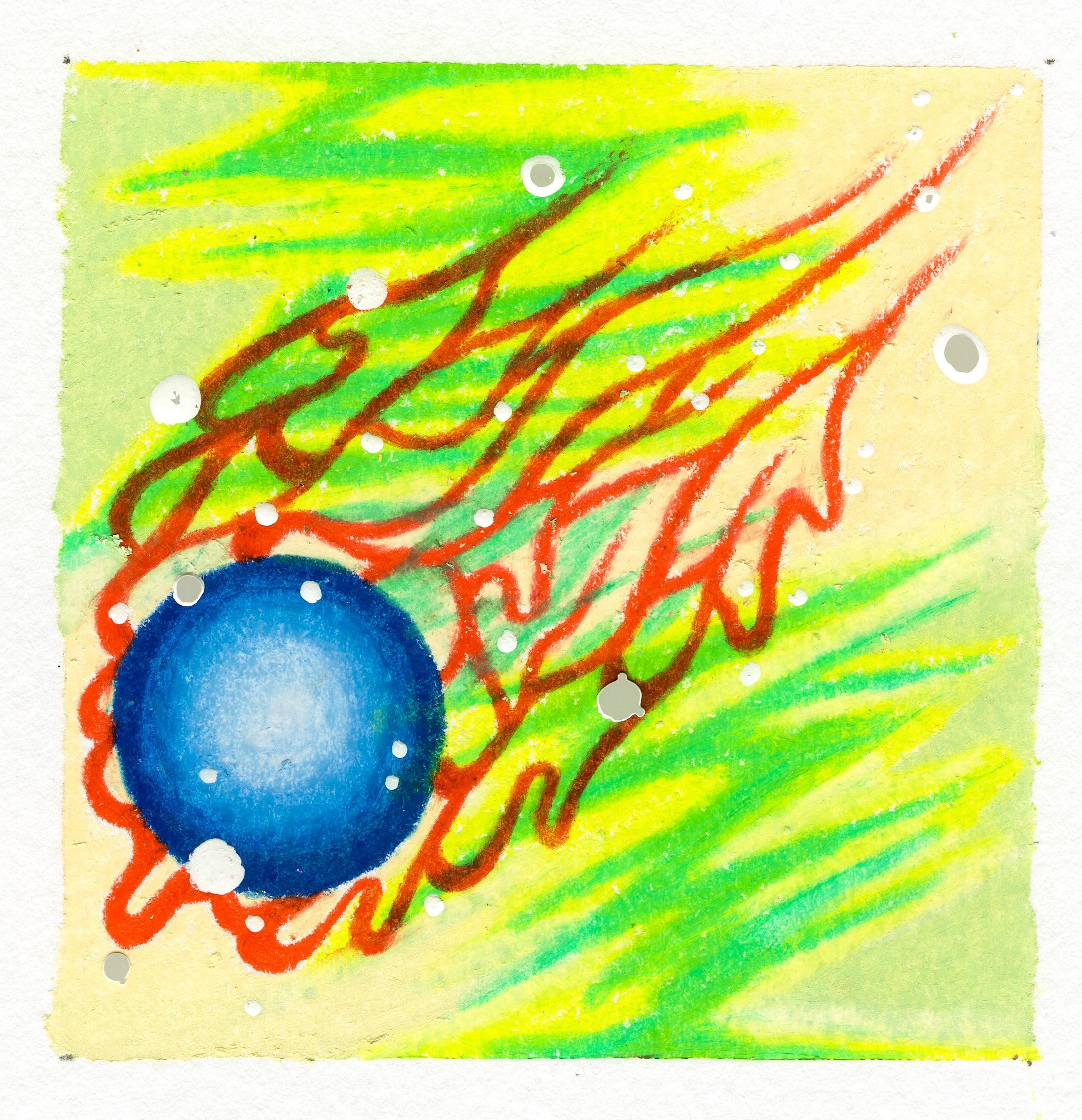 A baby blue sphere with orange linework appearing as if a commit. A lime green and light pastel green scribbling background in a diagonal pattern. White dots of various sizes are placed atop in randomized places. 278/365 of the 000/365 collection by charming cavatica