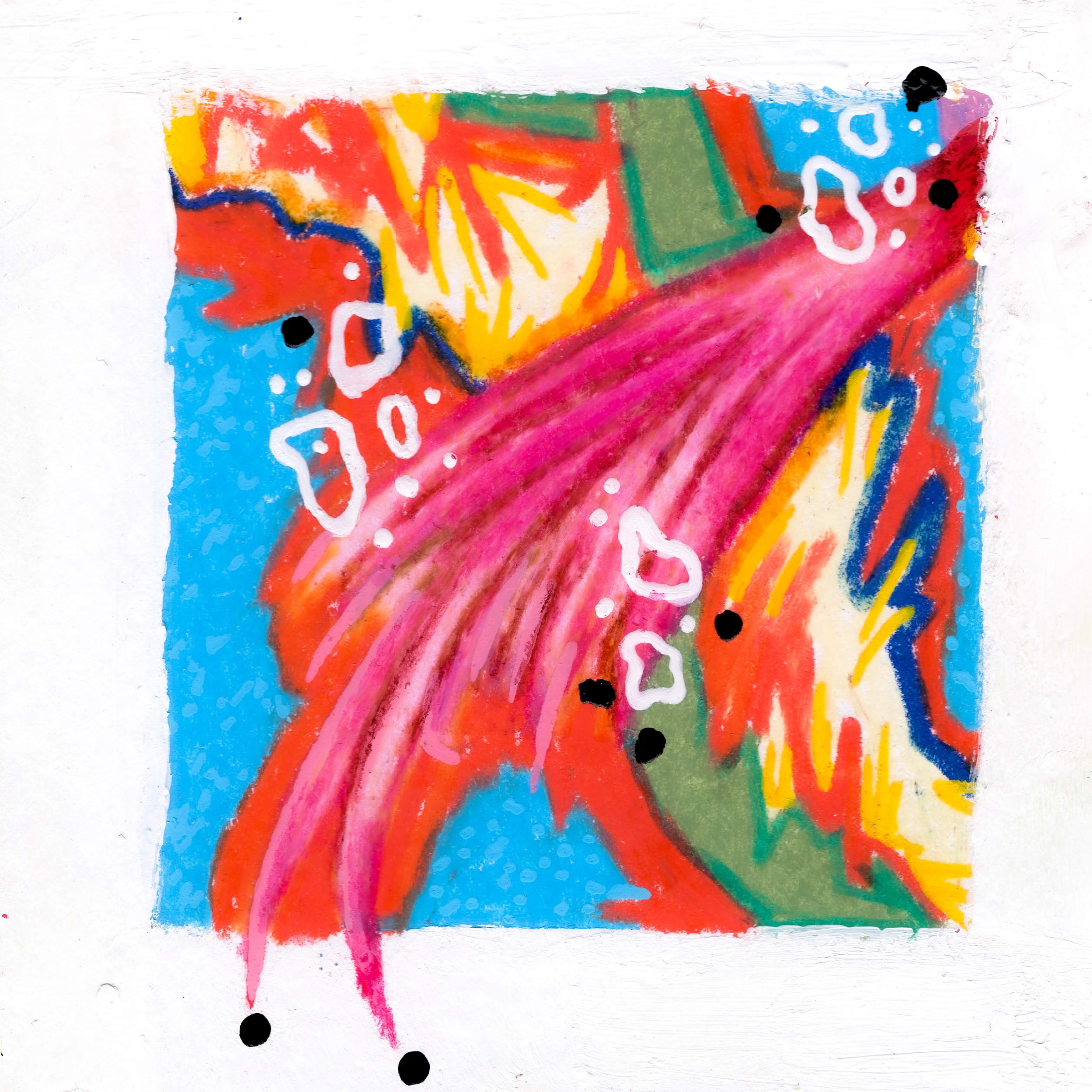 A hot pink feathery-shaped shape from the top right corner. the background are various diaonal moss green, orange, yellow, and blue scribbles. The main background is blue. Black dors and small wobbling circles layer overtop sporadically. 279/365 of the 000/365 collection by charming cavatica 
