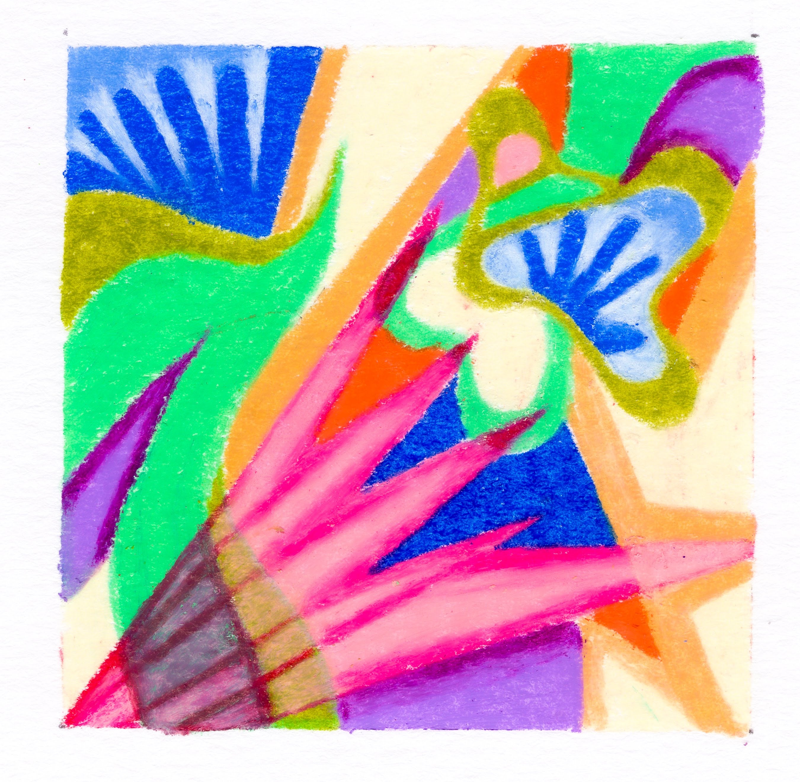 Hot pink spikes shaped like a fan. various blobs of green, blue, and yellow in the background frame the fan, small fans in royal blue sit within the blobs. A line green flame-like blob flares out from the left side with a purple center. 280/365 of the 000/365 collection by charming cavatica