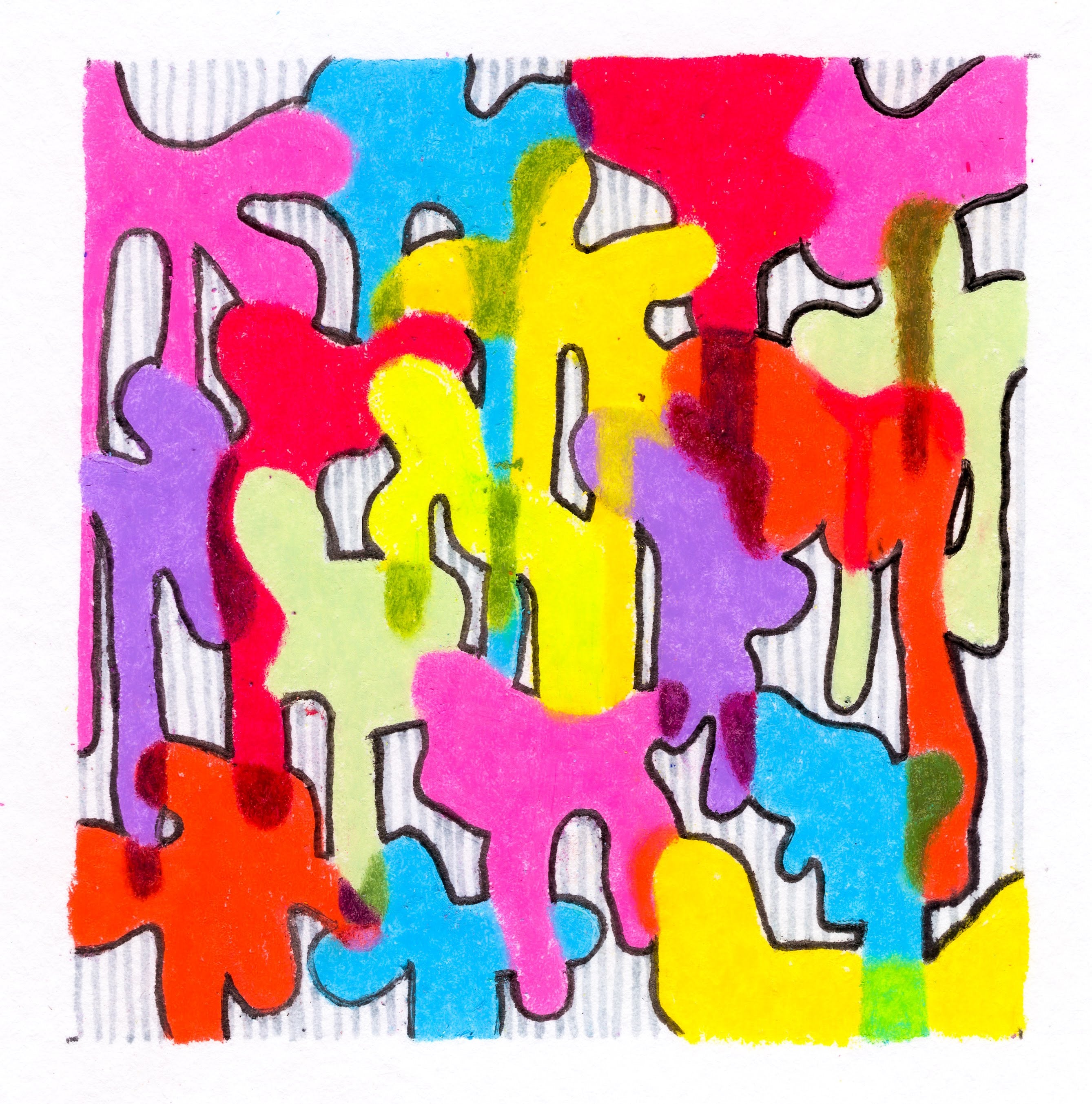 Blobs of blue, pink, purple, red, lime, and yellow overlapping.black lines outline the outer edges of the blobs. the background is alternating lines of white and light grey. 281/365 of the 000/365 collection by charming cavatica