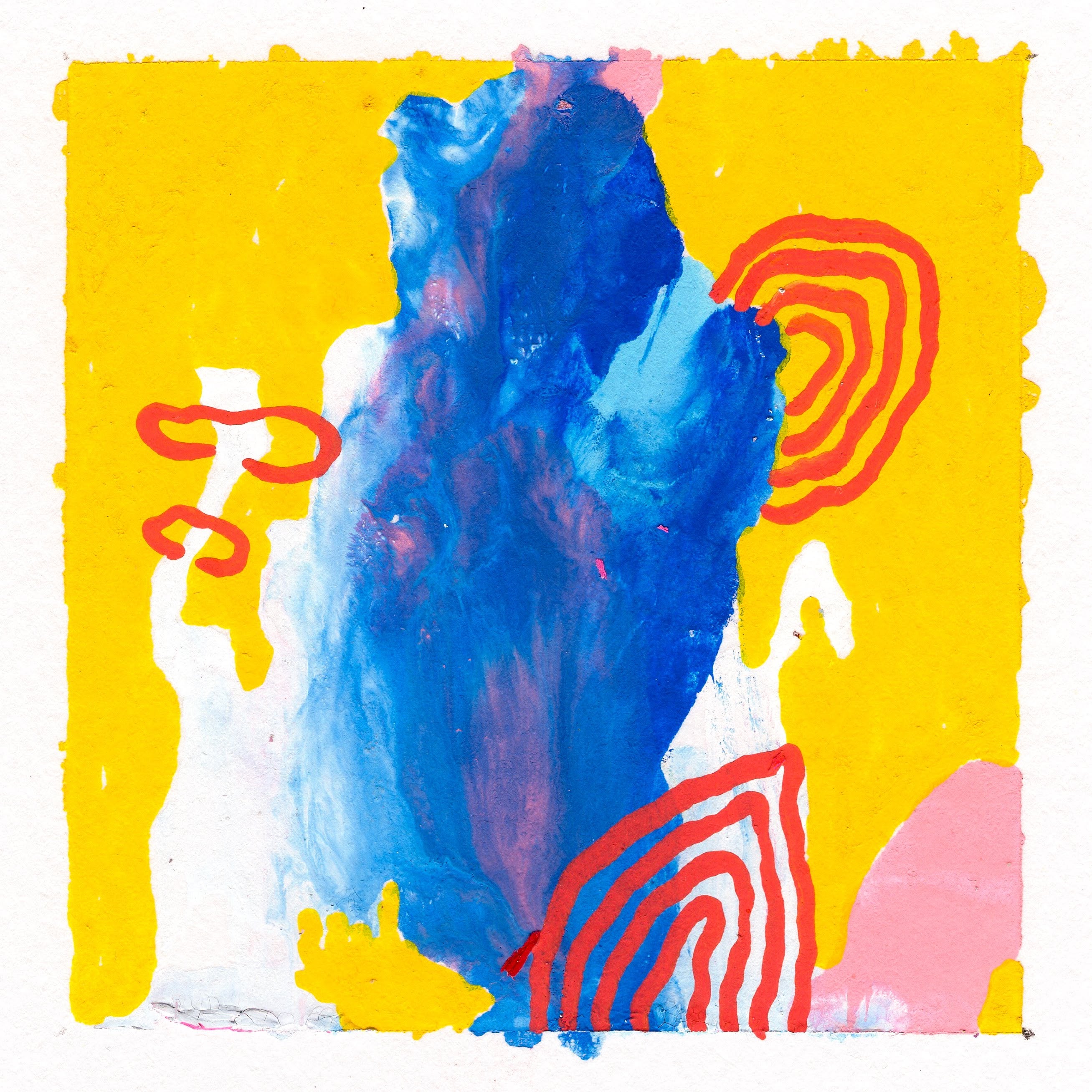 A royal blue blob on a bright yellow background sprouting from the bottom edge to the top.. Circular rings layer around eachother from small to large. splotches of pink and red appear randomly throughout. 282/365 of the 000/365 collection by charming cavatica