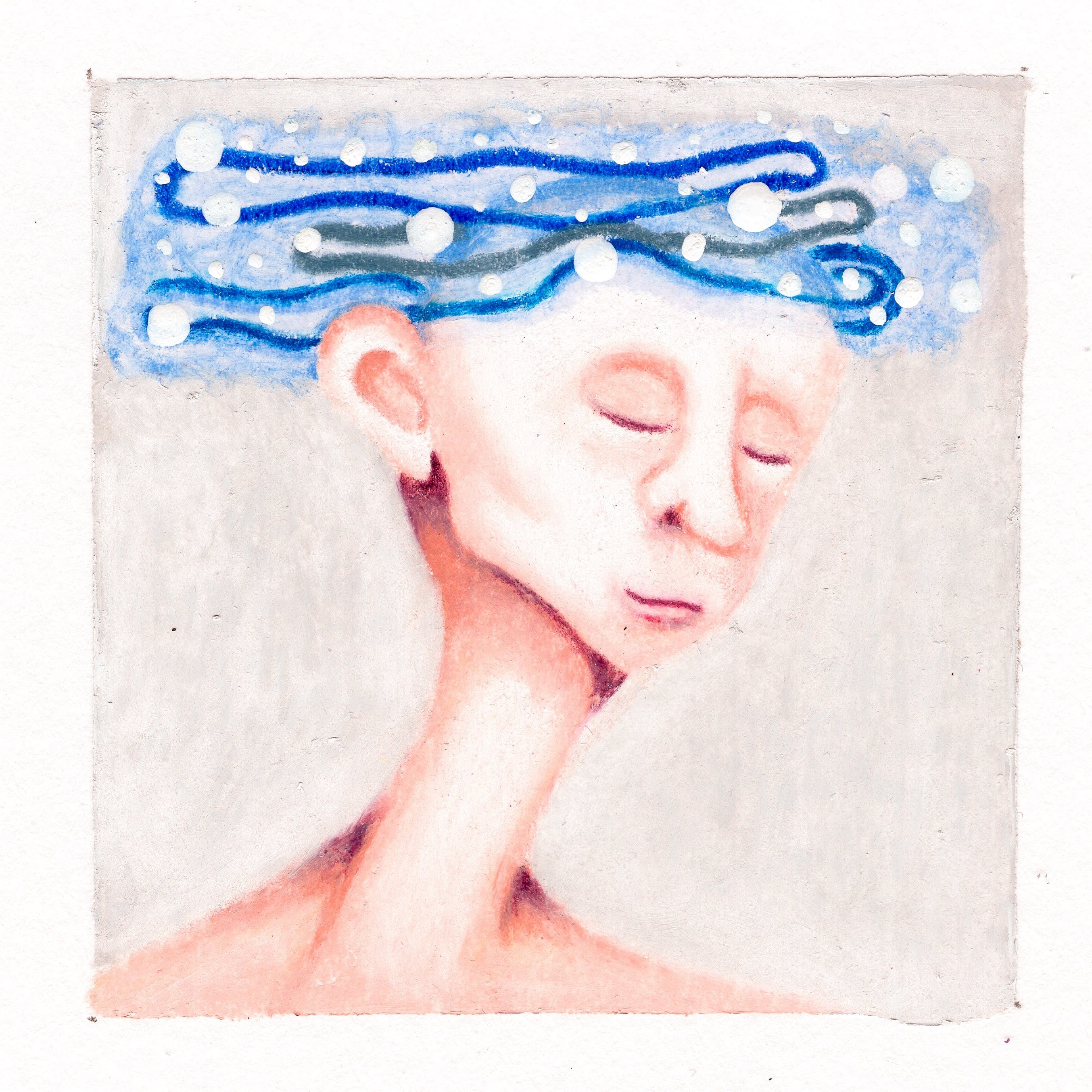 A long-necked fair skilled person with closed eyes. A cloud of blue rings and white dots circle the top of the head, as if dreaming. 283/365 of the 000/365 collection by charming cavatica