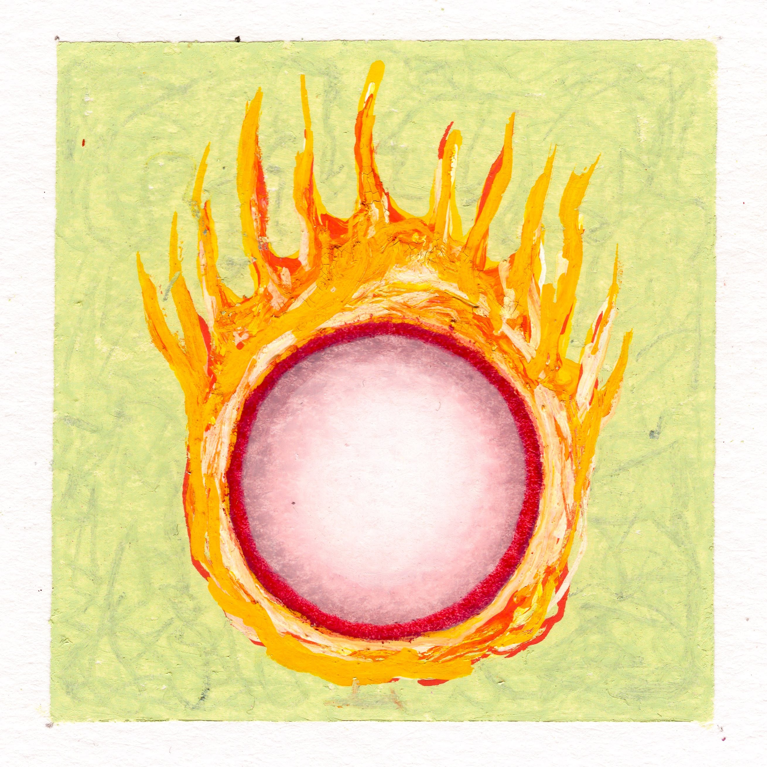 A beige-red sphere with a red outline surrounding the outside. Flames billow from the sphere. Lime green background. 287/365 of the 000/365 collection by charming cavatica