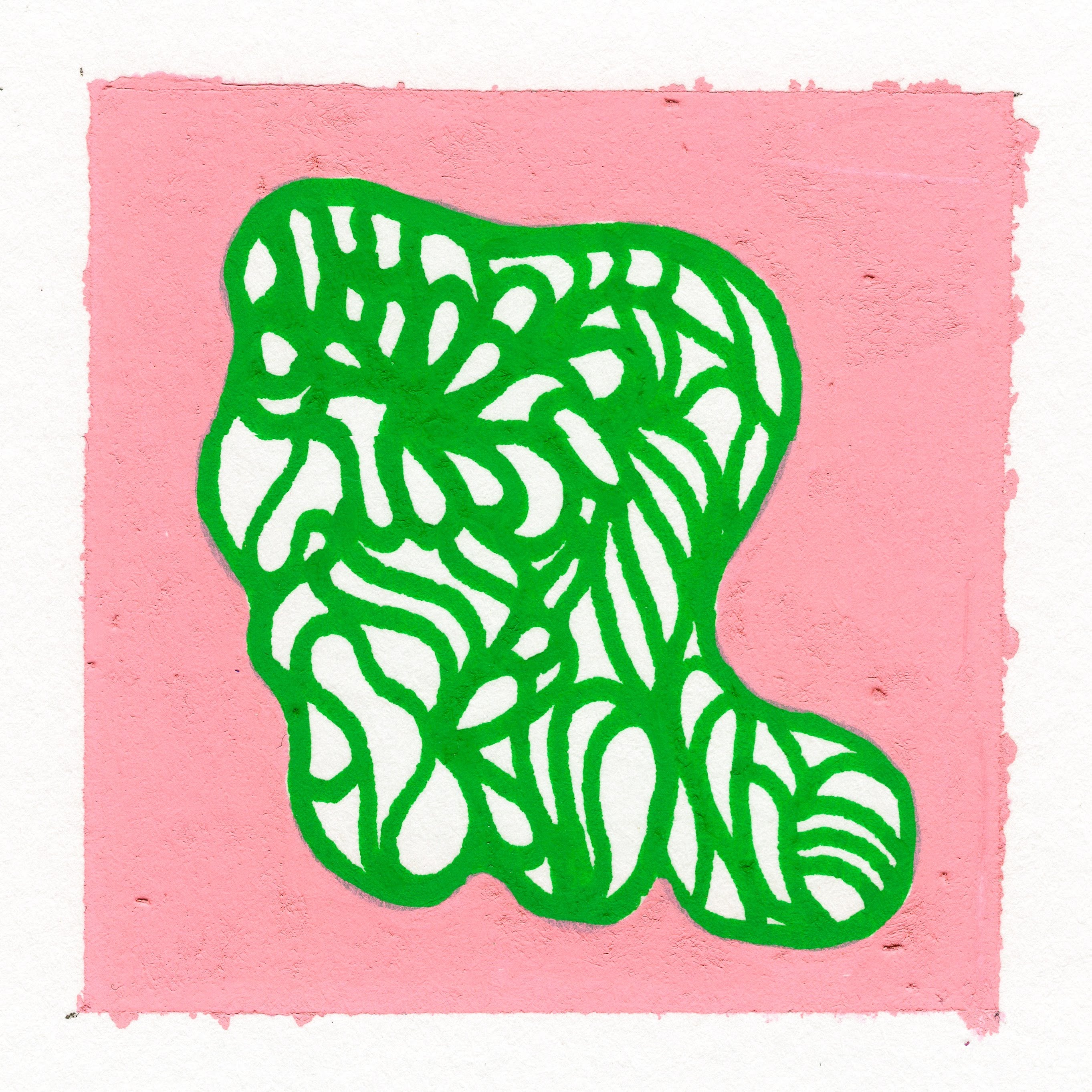 A blob containing green wiggling linework atop a baby pink background. 288/365 of the 000/365 collection by charming cavatica