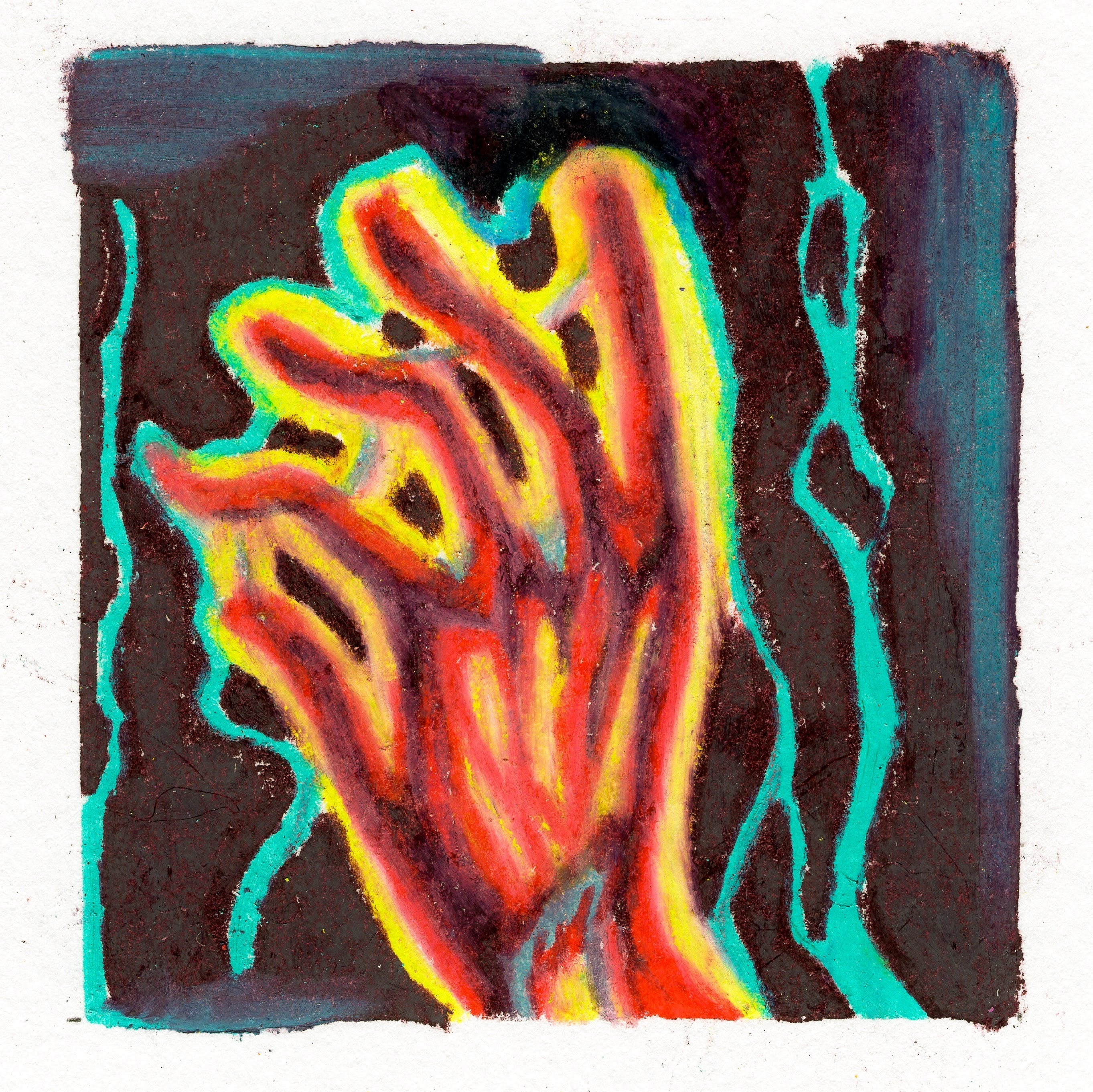 A bright red hand, skeletal-like features, on a black background. Strong jagged teal lightening bolt shaped background. Depicting a radioactive hand. 294/365 of the 000/365 collection by charming cavatica