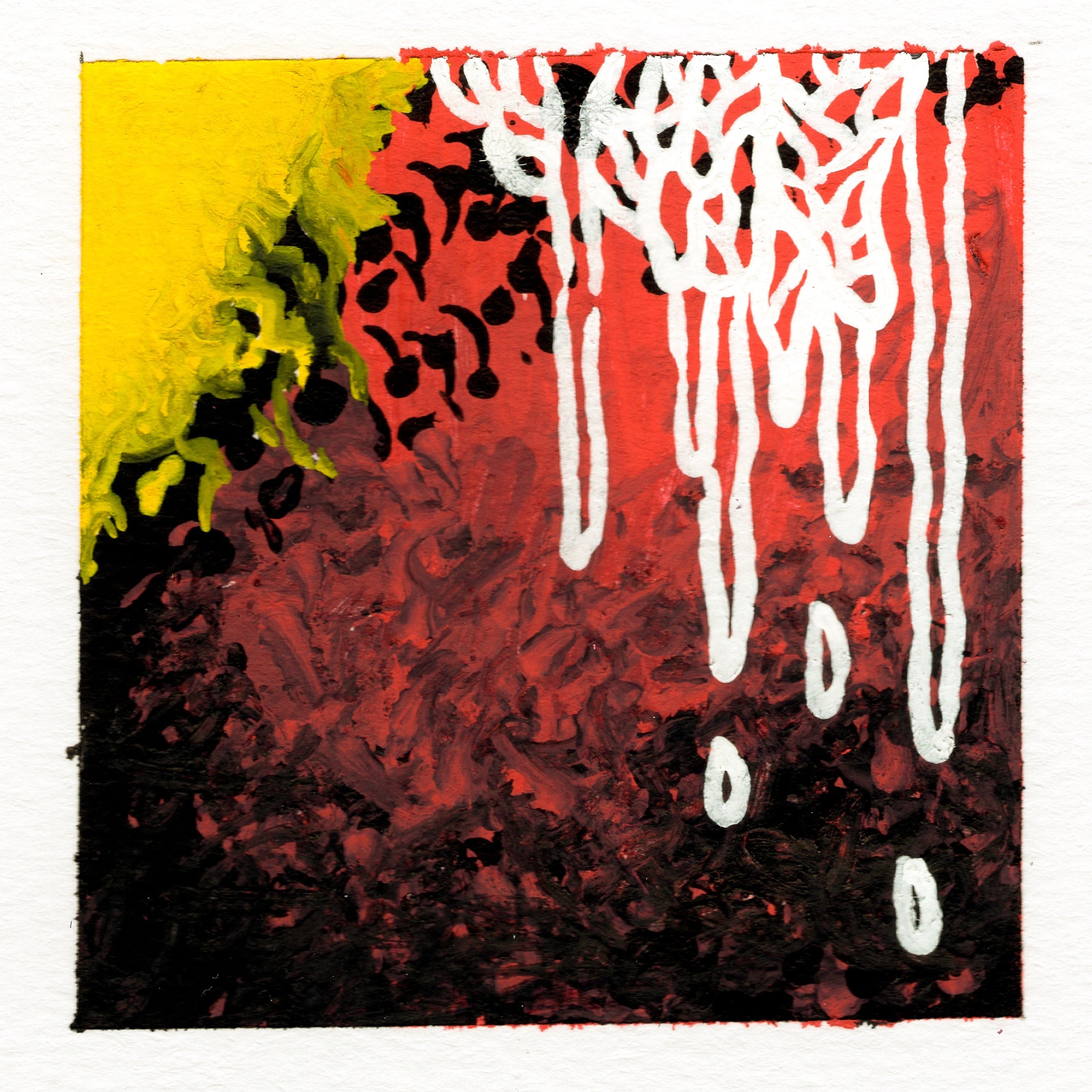 A black and red gradient background, slowly becoming more red the farther up you look on the page. The top left corner is a bold yellow triangle, seeping into the red and black background. White icicle-like drops fall from the righthand side. 295/365 of the 000/365 collection by charming cavatica