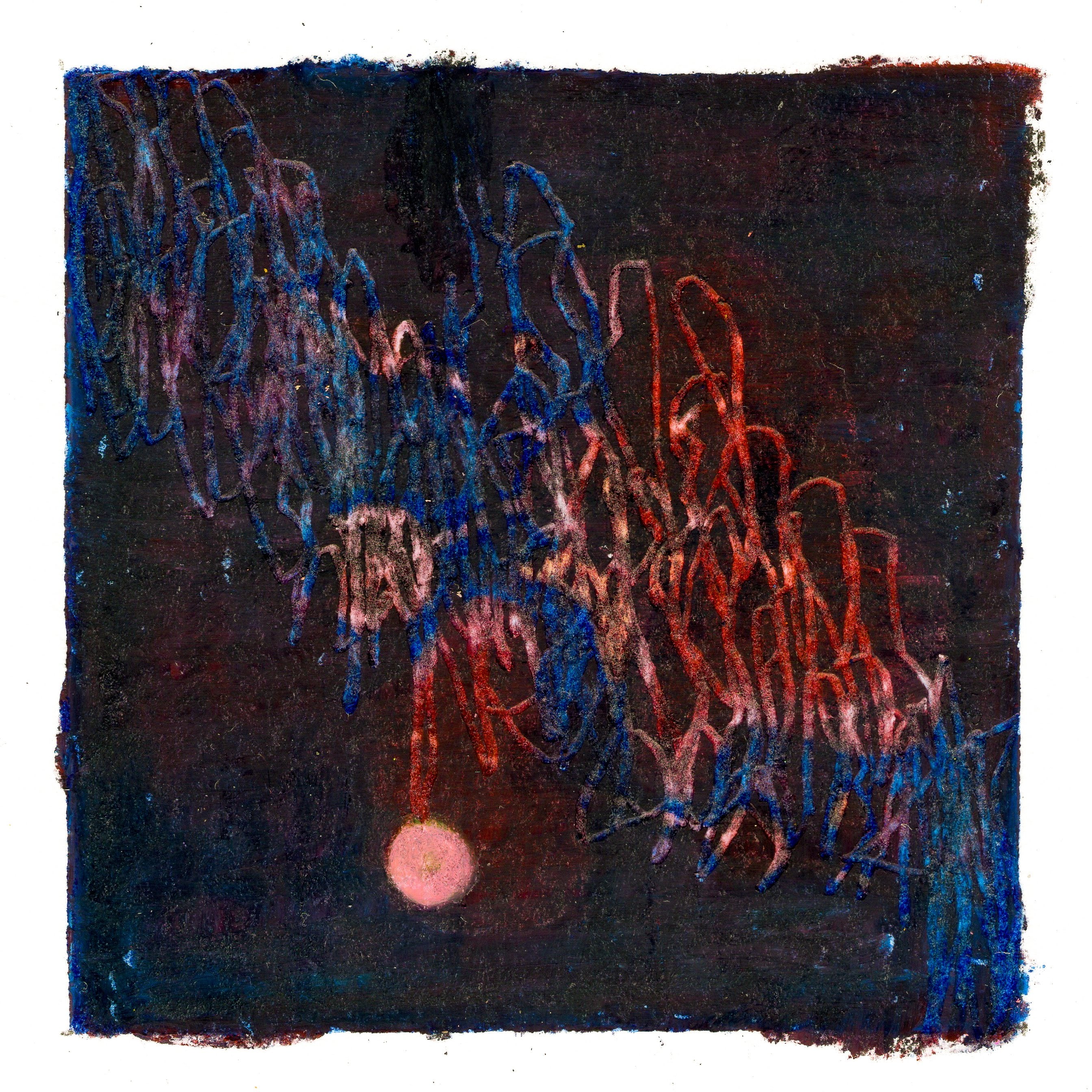A stark black background with etched out blue, peach, and red scribbling lines. A peach circle appears to be hanging from the scribble, dangling. 296/365 of the 000/365 collection by charming cavatica