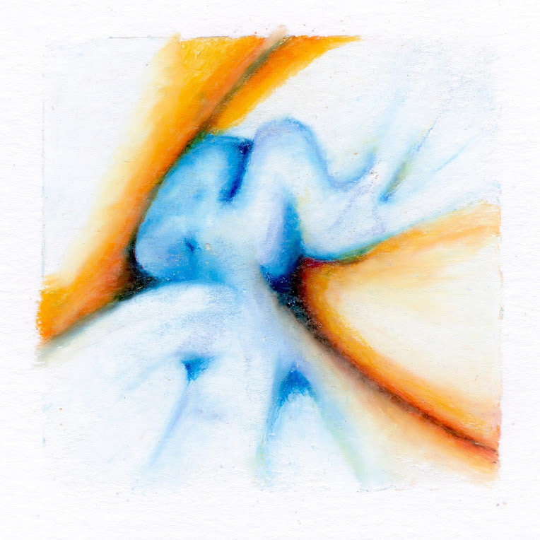 Abstract baby blue 3-dimensional wiggling curves bursting into orange bursts of colour radiating to the outer edges of the square frame. 297/365 of the 000/365 collection by charming cavatica