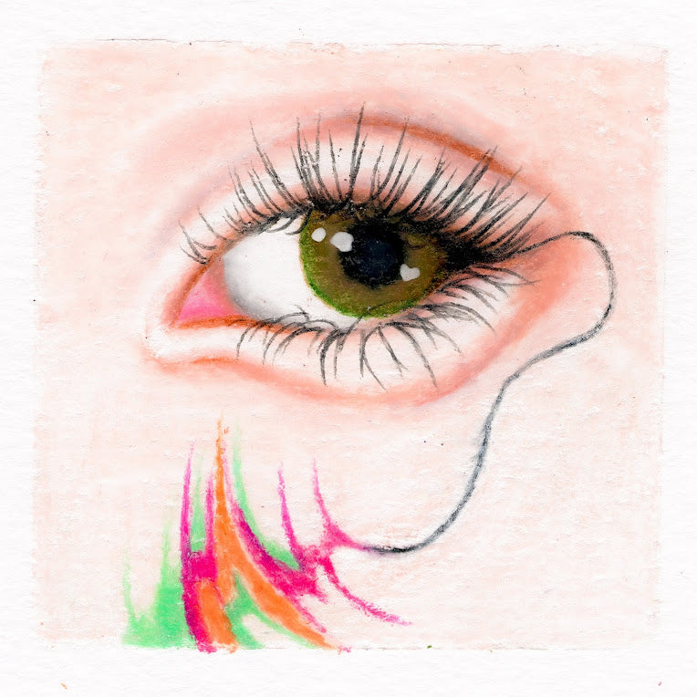 A close up of a brown-green eye with long dark eyelashes and light peach-pink skin. a thin black line juts out from the outer corner of the eye in a wiggling shape downward and to the left, connecting to spiked hot pink, lime green, and neon orange forms depicting an electrical charge. 298/365 of the 000/365 collection by charming cavatica